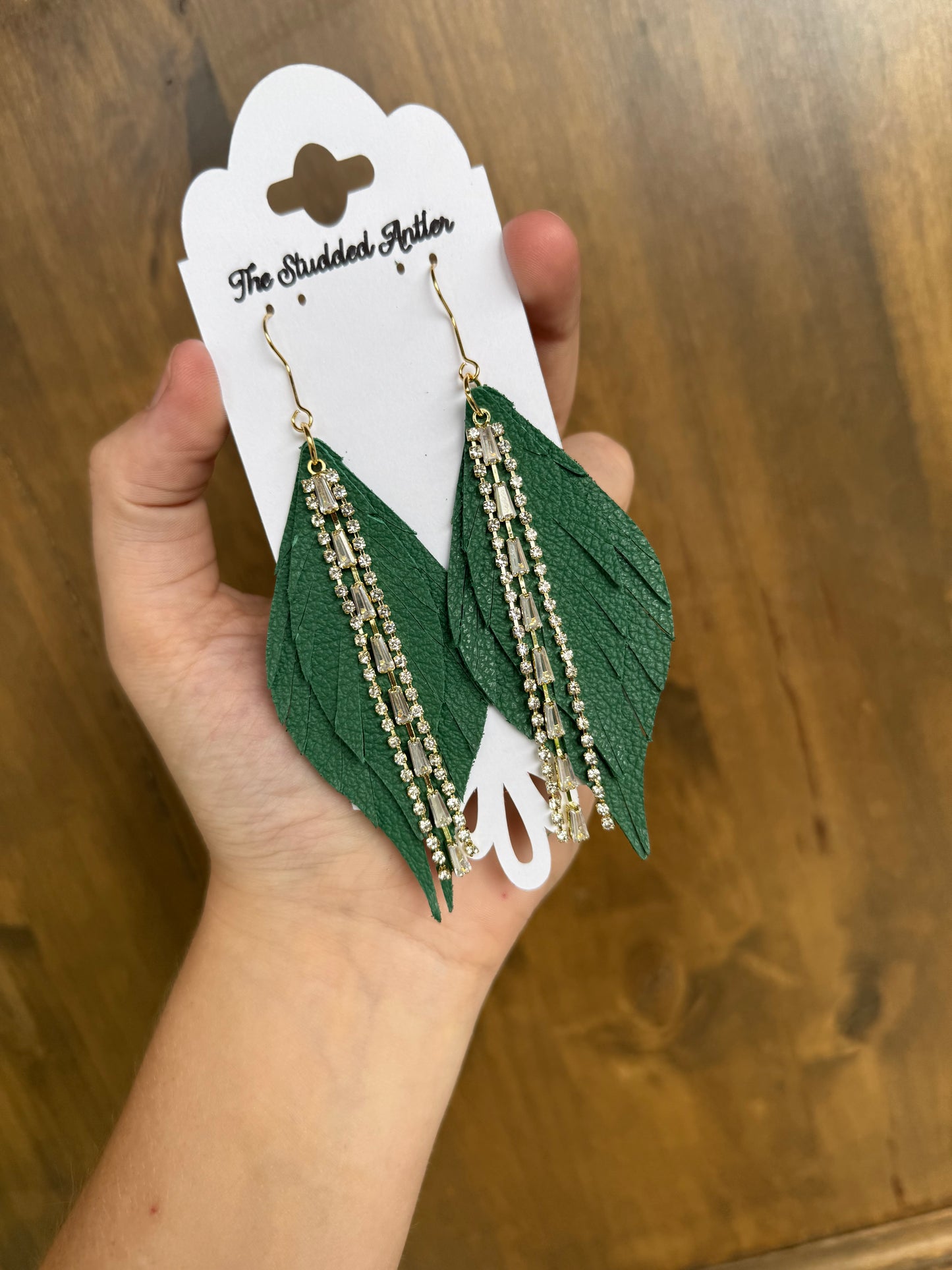 Dark green leather earrings - Handmade Hypoallergenic Leather Earrings with gold rhinestone tassels