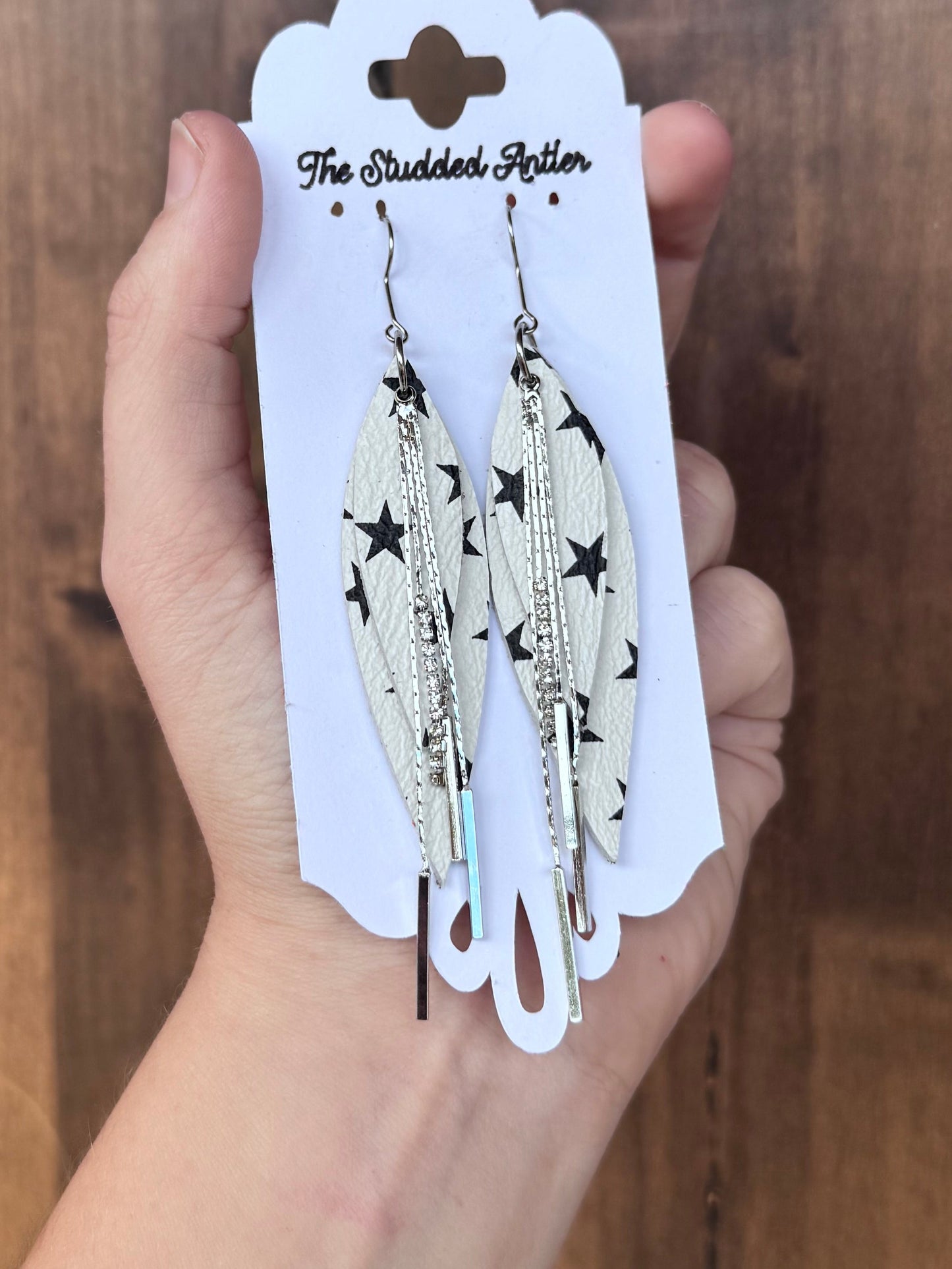 White with Black Stars Handmade Hypoallergenic Leather Earrings with Silver Bar Rhinestone Tassels