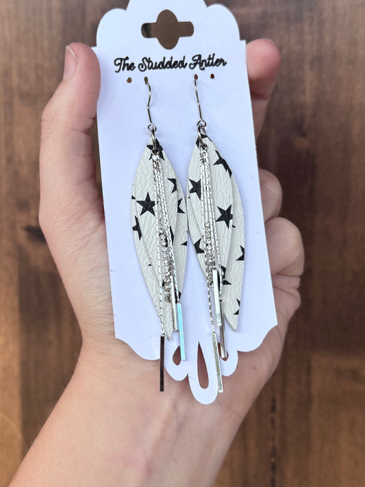 White with Black Stars Handmade Hypoallergenic Leather Earrings with Silver Bar Rhinestone Tassels