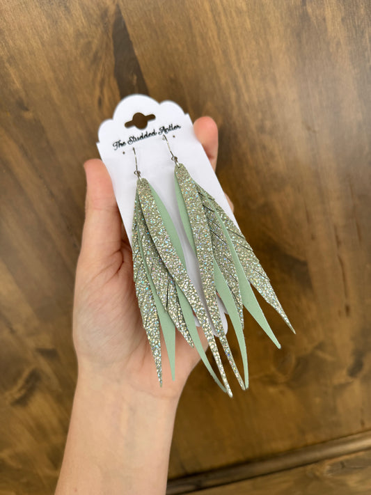 Western Style Leather Earrings - Fringe Feather Leather Earrings - Seafoam Green Blue