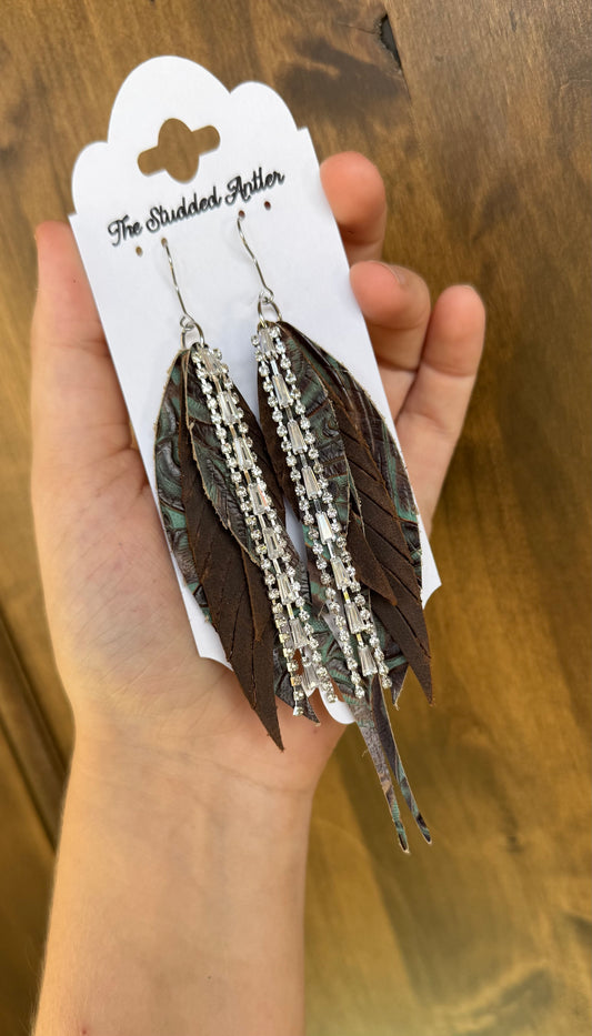 Dark brown and aqua blue tooled leather earrings - Handmade Hypoallergenic Leather feather Earrings
