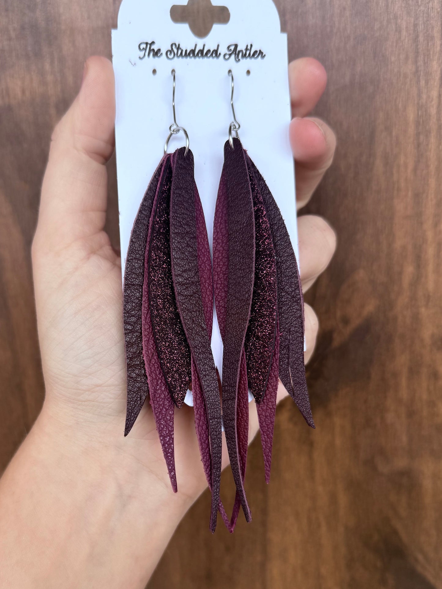 Burgundy and Maroon Glitter Handmade Hypoallergenic Leather Earrings