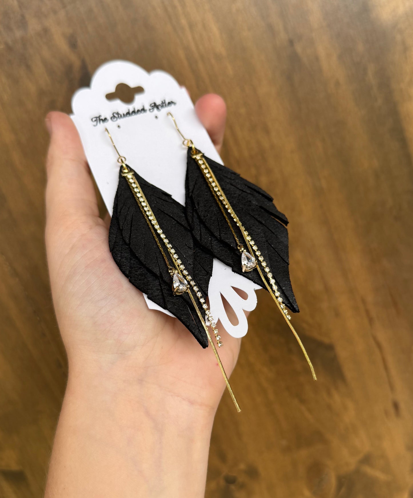 Black leather earrings with gold - Handmade Hypoallergenic Leather Earrings with gold rhinestone tassels