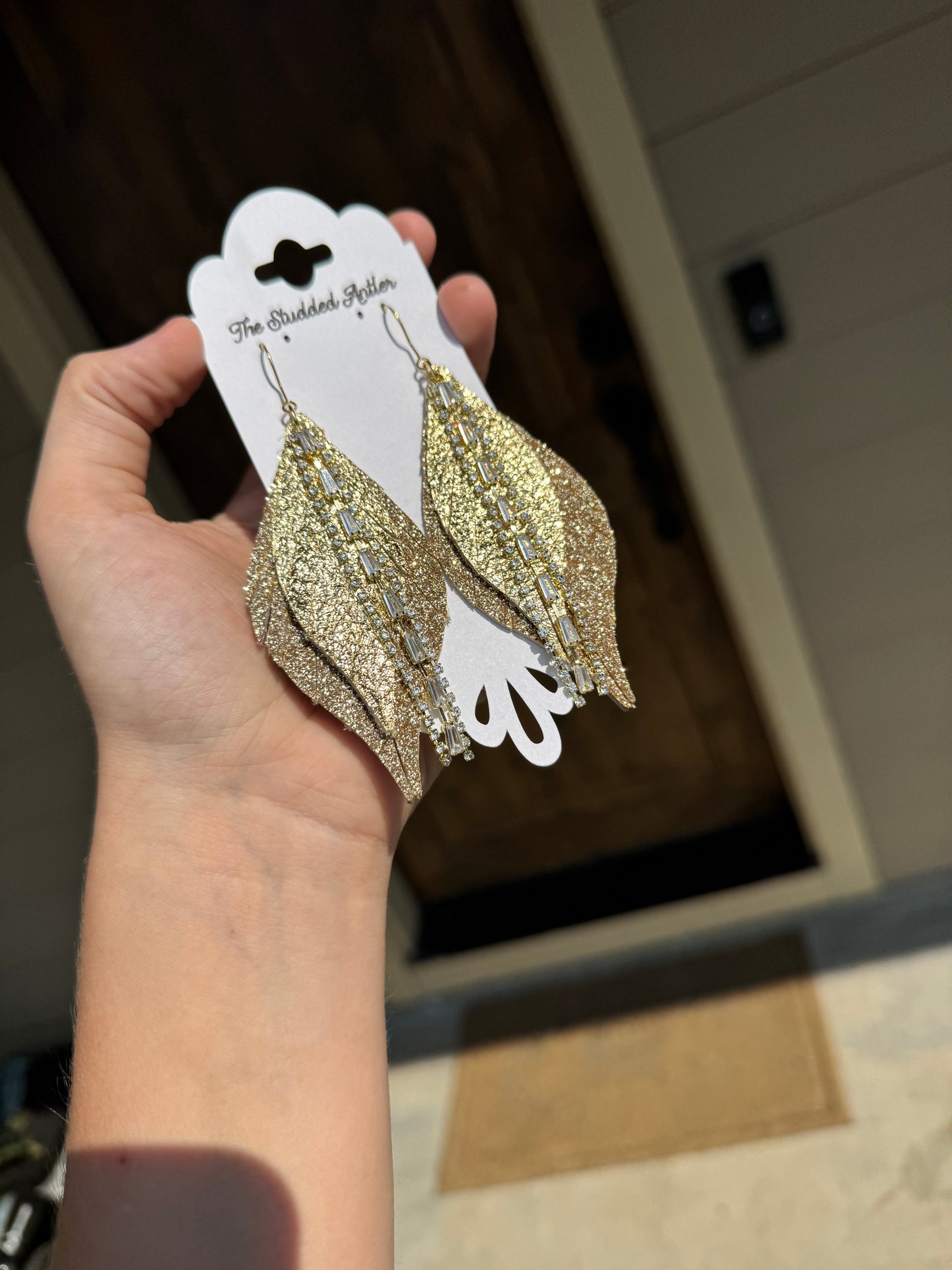 Gold Glitter leather earrings - Handmade Hypoallergenic Leather Earrings with gold rhinestone tassels