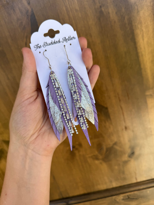 Leather Feather Earrings - Rhinestone tassel earrings - Purple and Silver Earrings - Women's Western Earrings