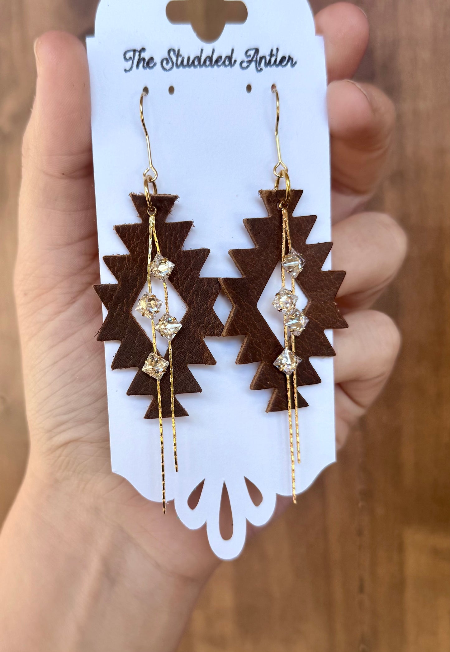 Handmade Hypoallergenic Brown Leather Earrings with Gold Plated Rhinestone Tassels