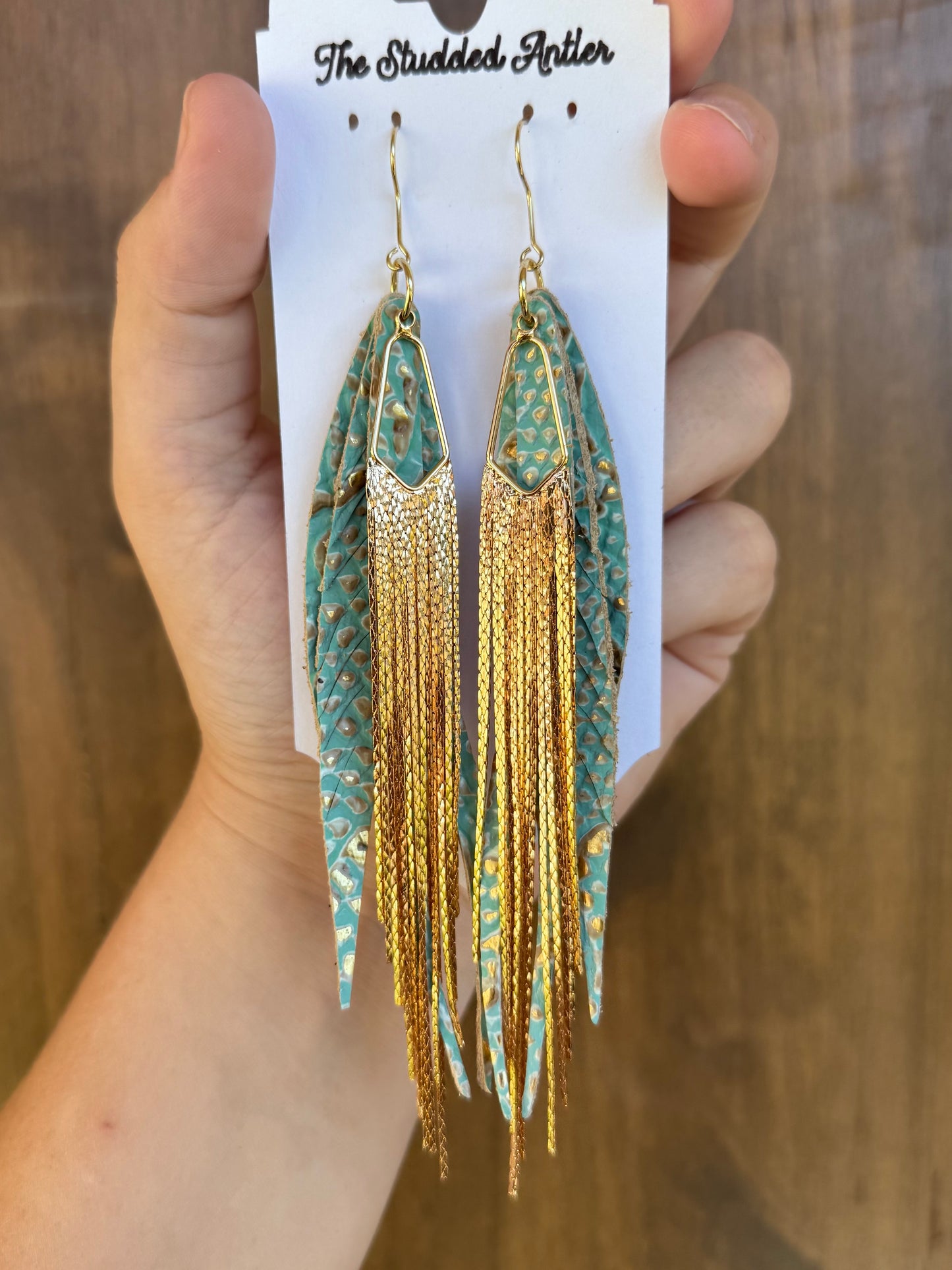 Handmade Hypoallergenic Mint Blue and Gold Embossed Leather Earrings with Gold Metal Tassels