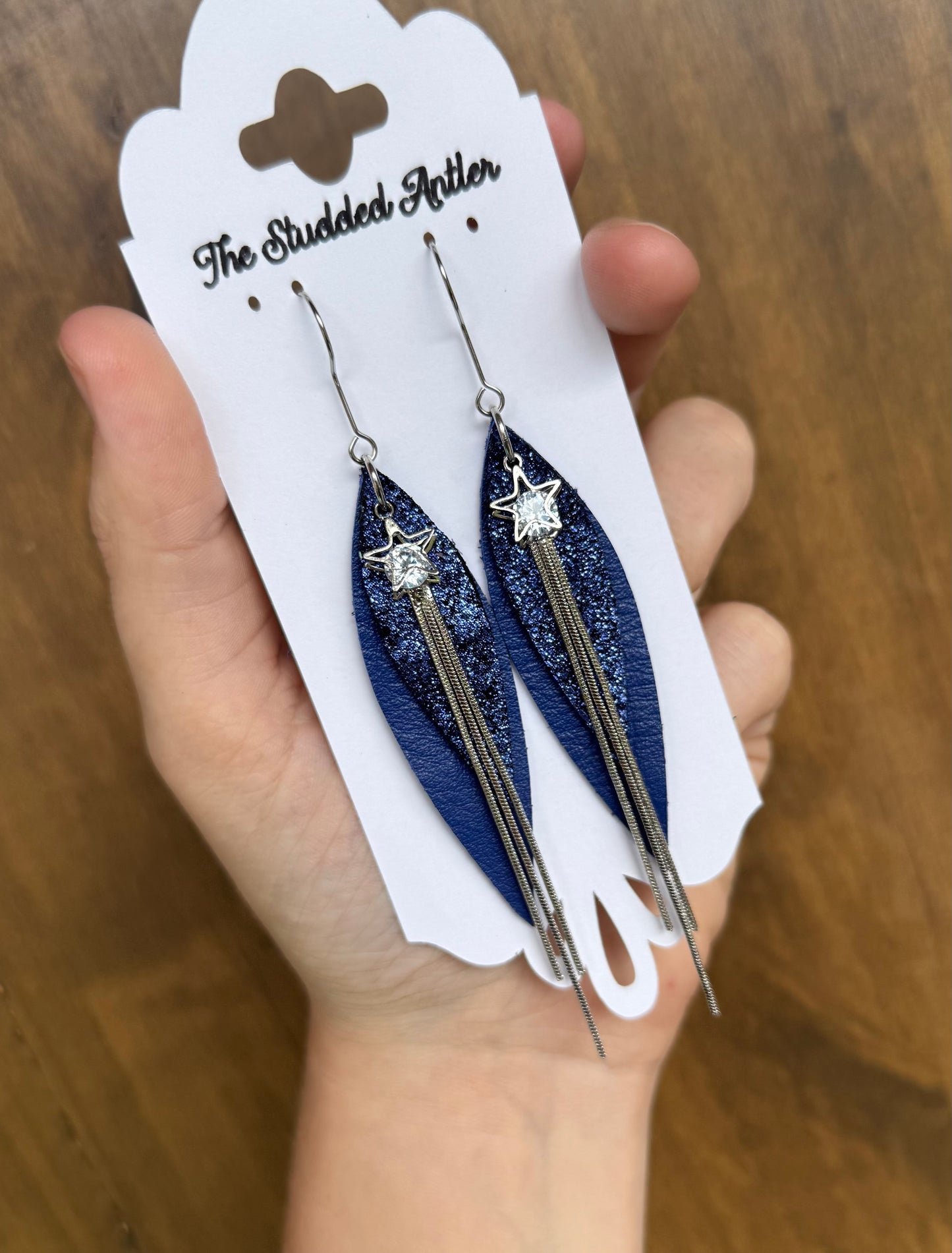 Dark indigo leather with rhinestone silver stars - Handmade Hypoallergenic Leather Earrings