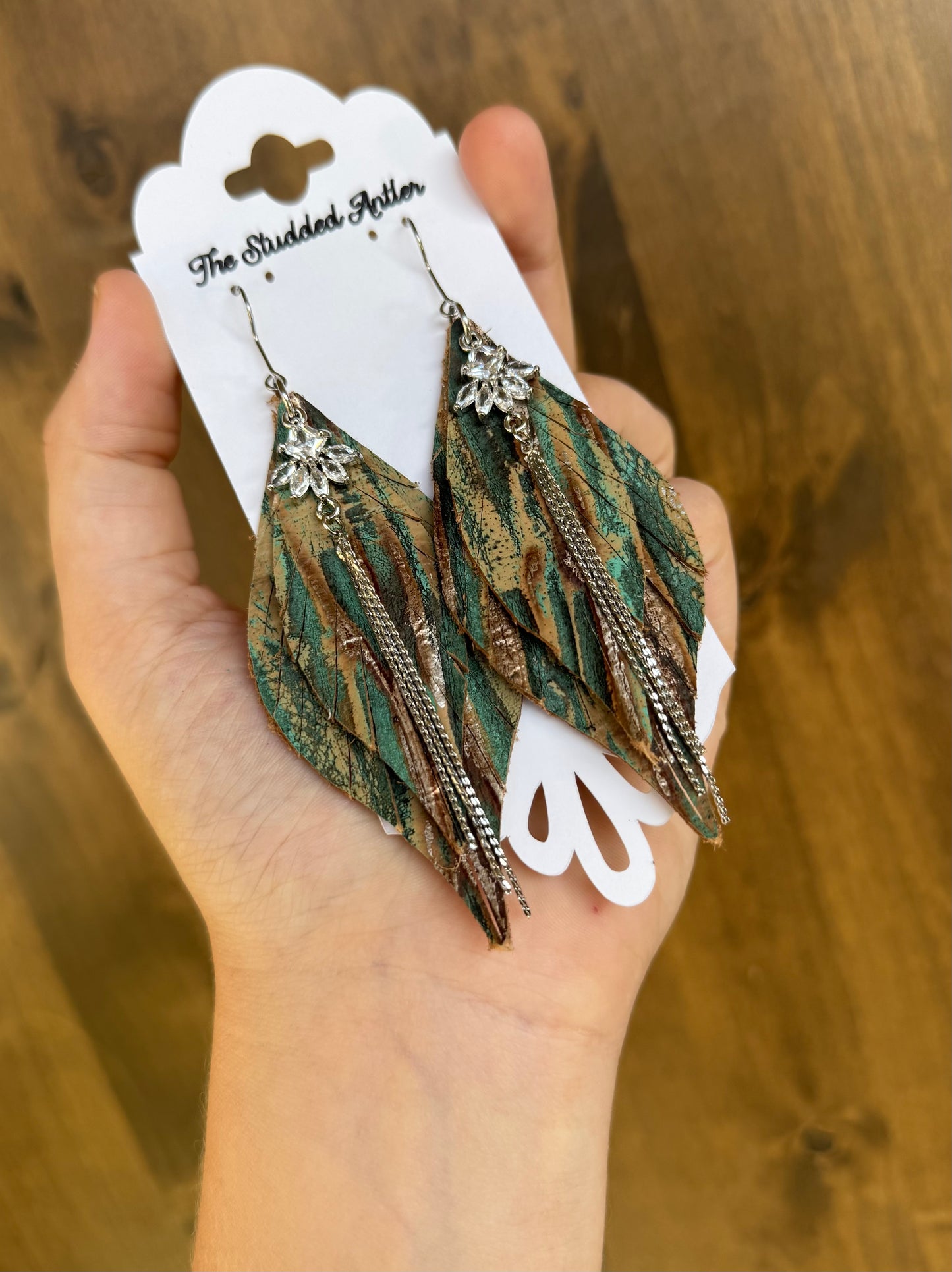 Dark teal, bronze and brown leather earrings - Handmade Hypoallergenic Leather Earrings with silver rhinestone tassel