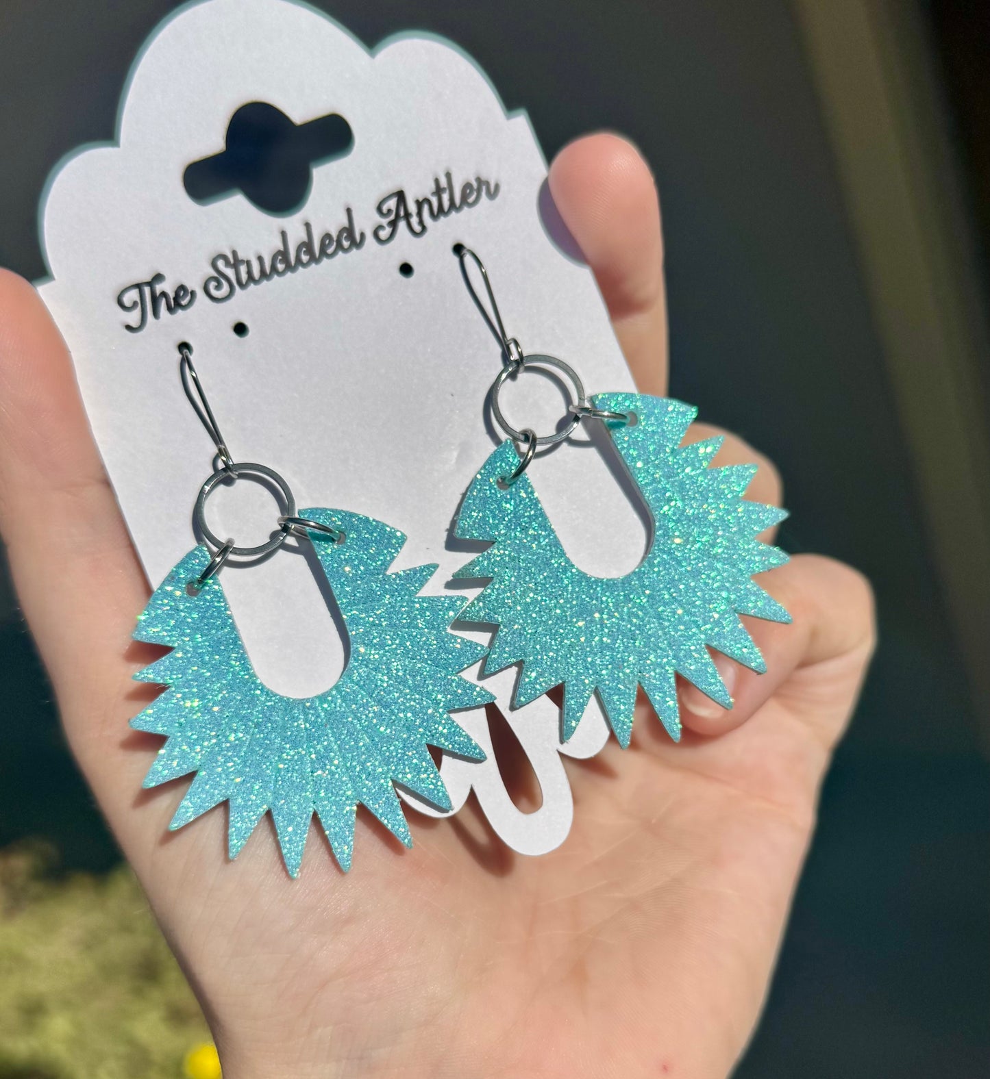 Aqua Blue Glitter leather earrings - Handmade Hypoallergenic Leather Earrings - Round Sunburst