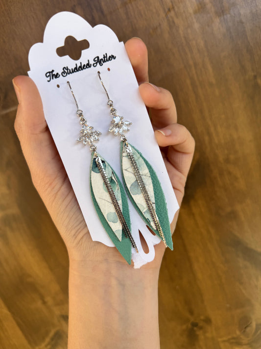 Western Style Leather Earrings - Teardrop Boho Style Leather Earrings - Silver, Blue and White