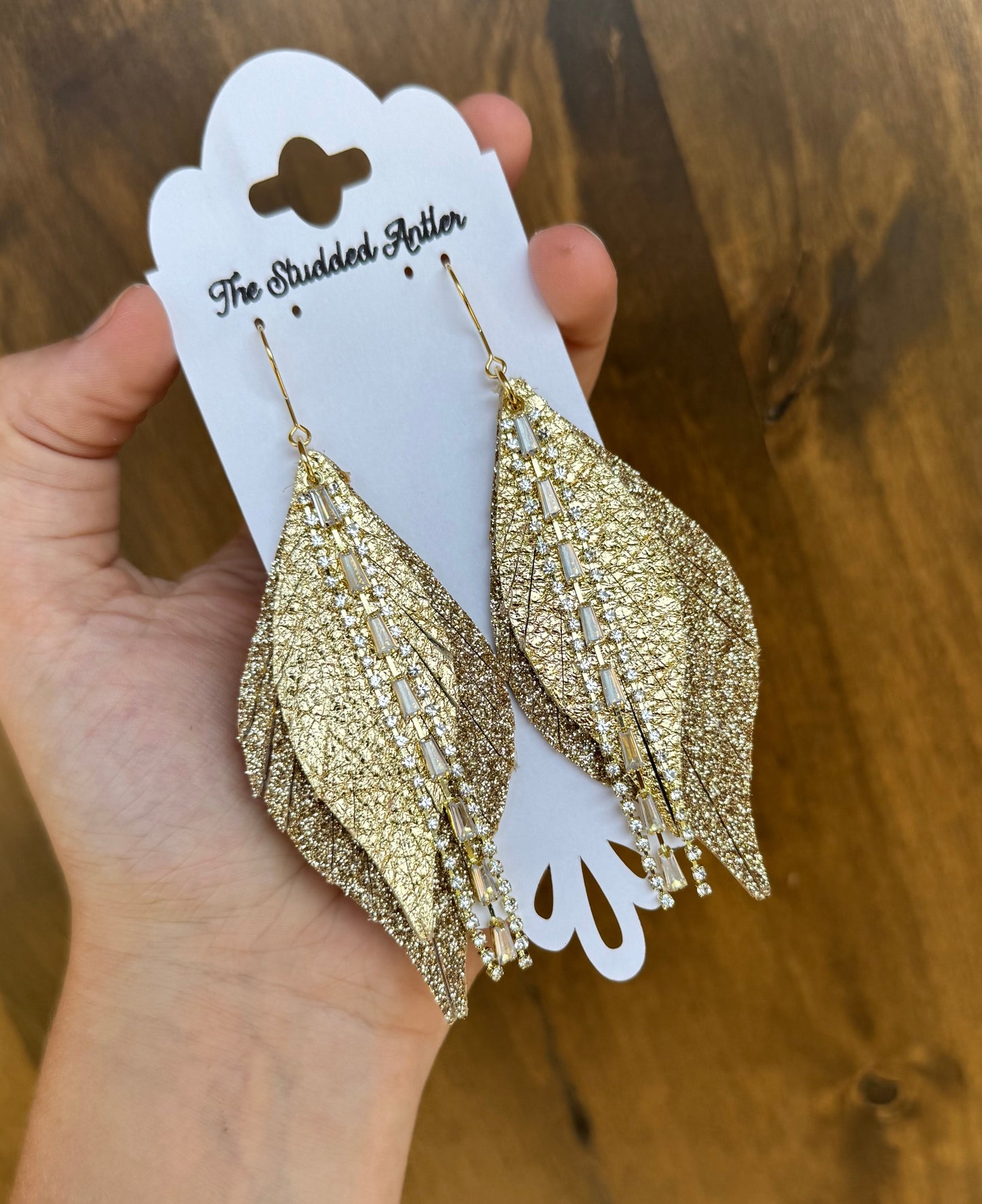 Gold Glitter leather earrings - Handmade Hypoallergenic Leather Earrings with gold rhinestone tassels