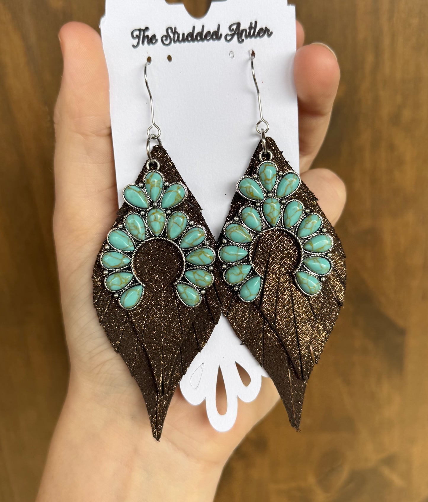 Handmade Brown Hypoallergenic Leather Earrings with Faux Turquoise Charm