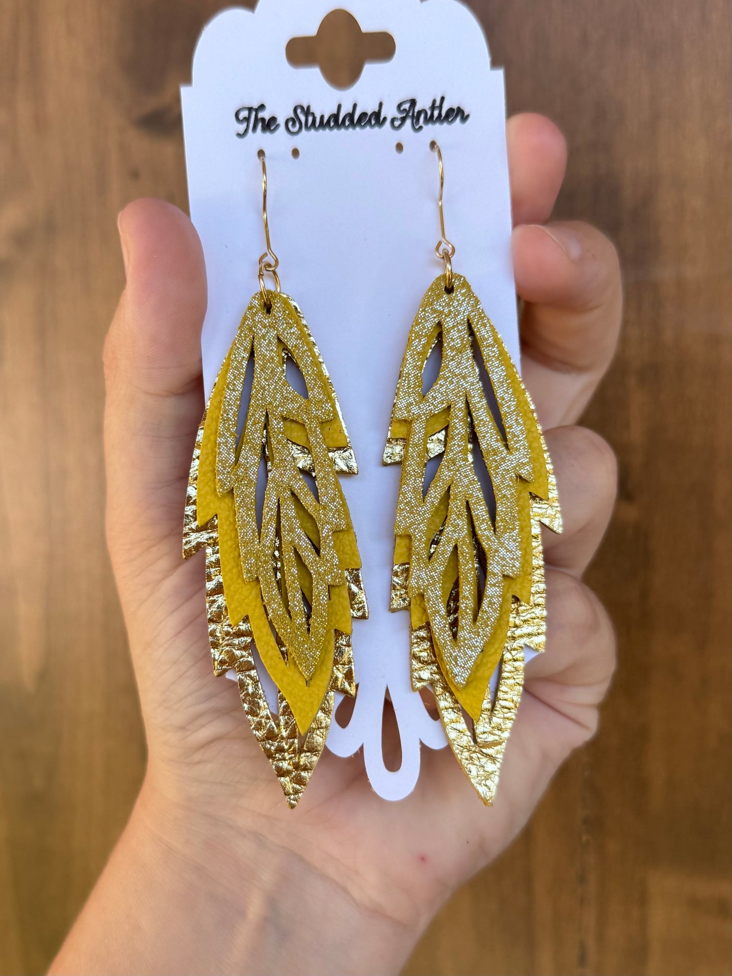 Handmade Hypoallergenic Metallic Gold and Yellow Sparkle Leather Earrings