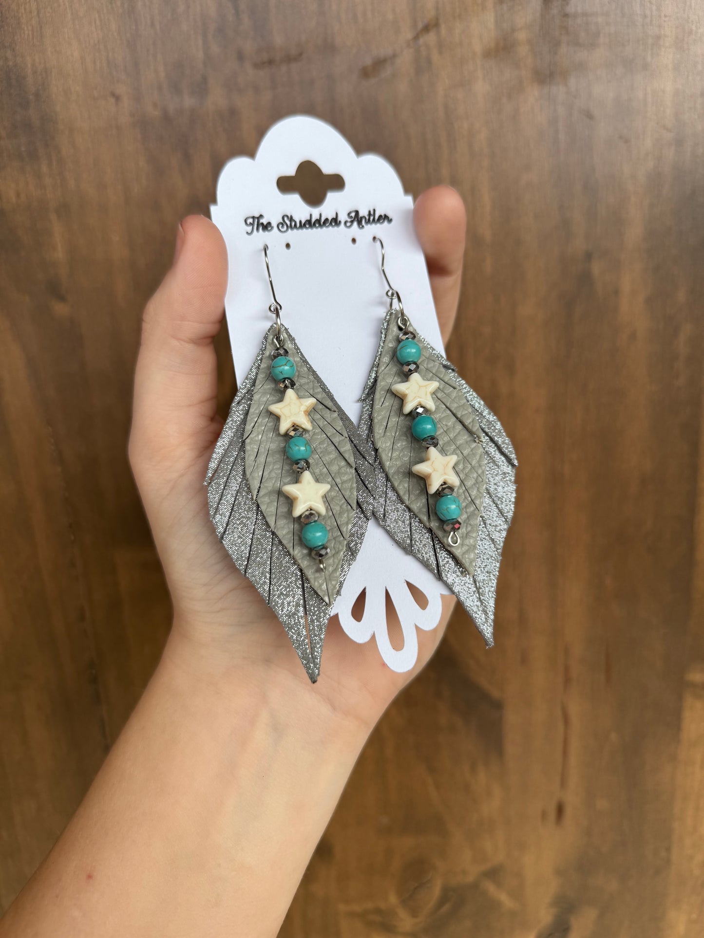 Grey Sparkle Handmade Hypoallergenic Leather Earrings with Hand Beaded Faux Turquoise Tassel