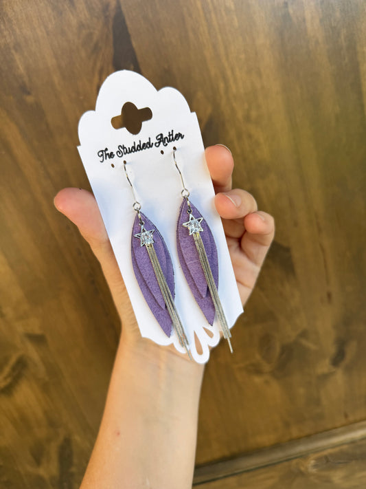 Purple Leather star Earrings - Western Boho Style Leather Earrings - Silver and purple earrings