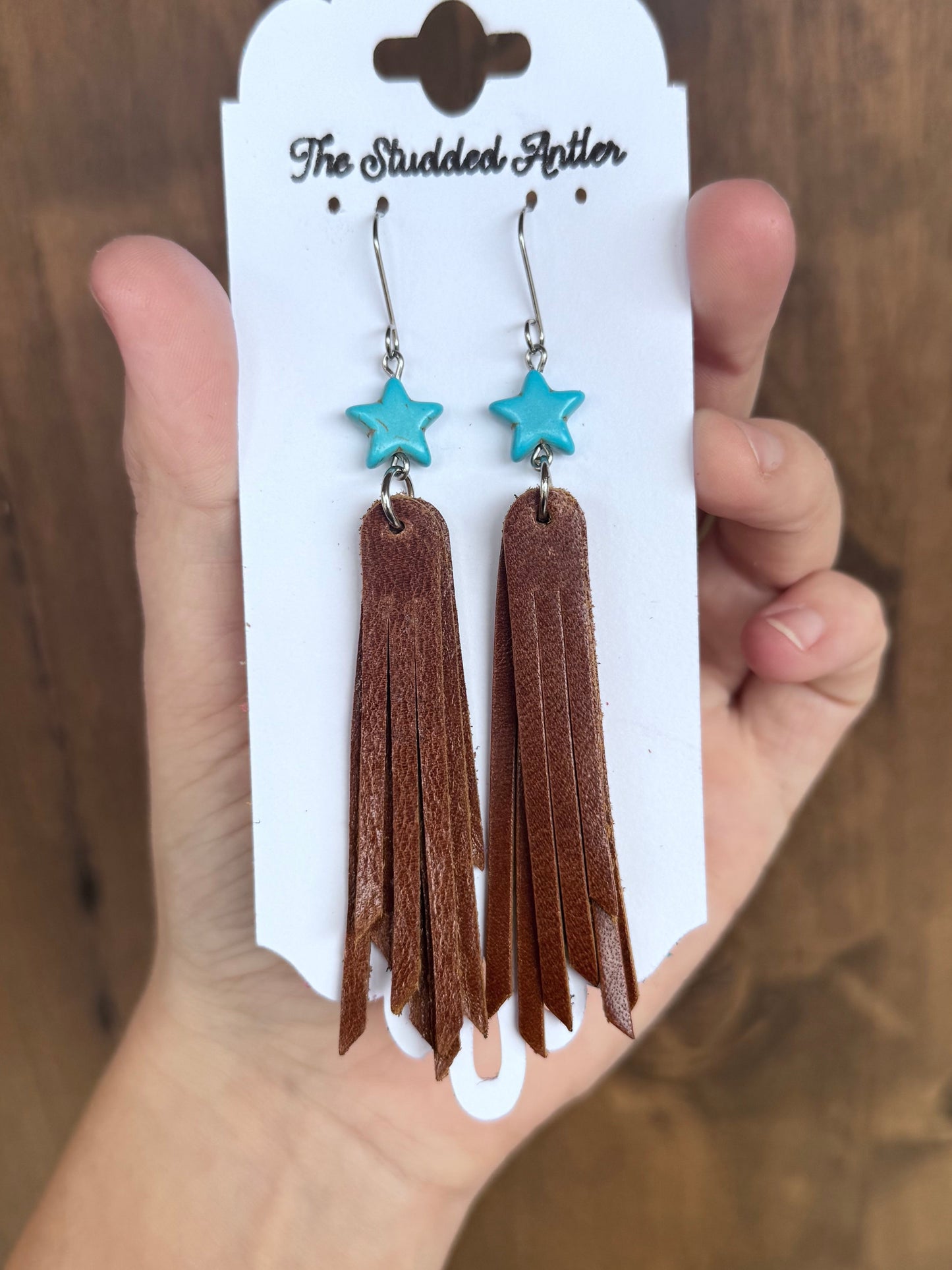 Brown Handmade Hypoallergenic Leather Earrings with Faux Turquoise Beads