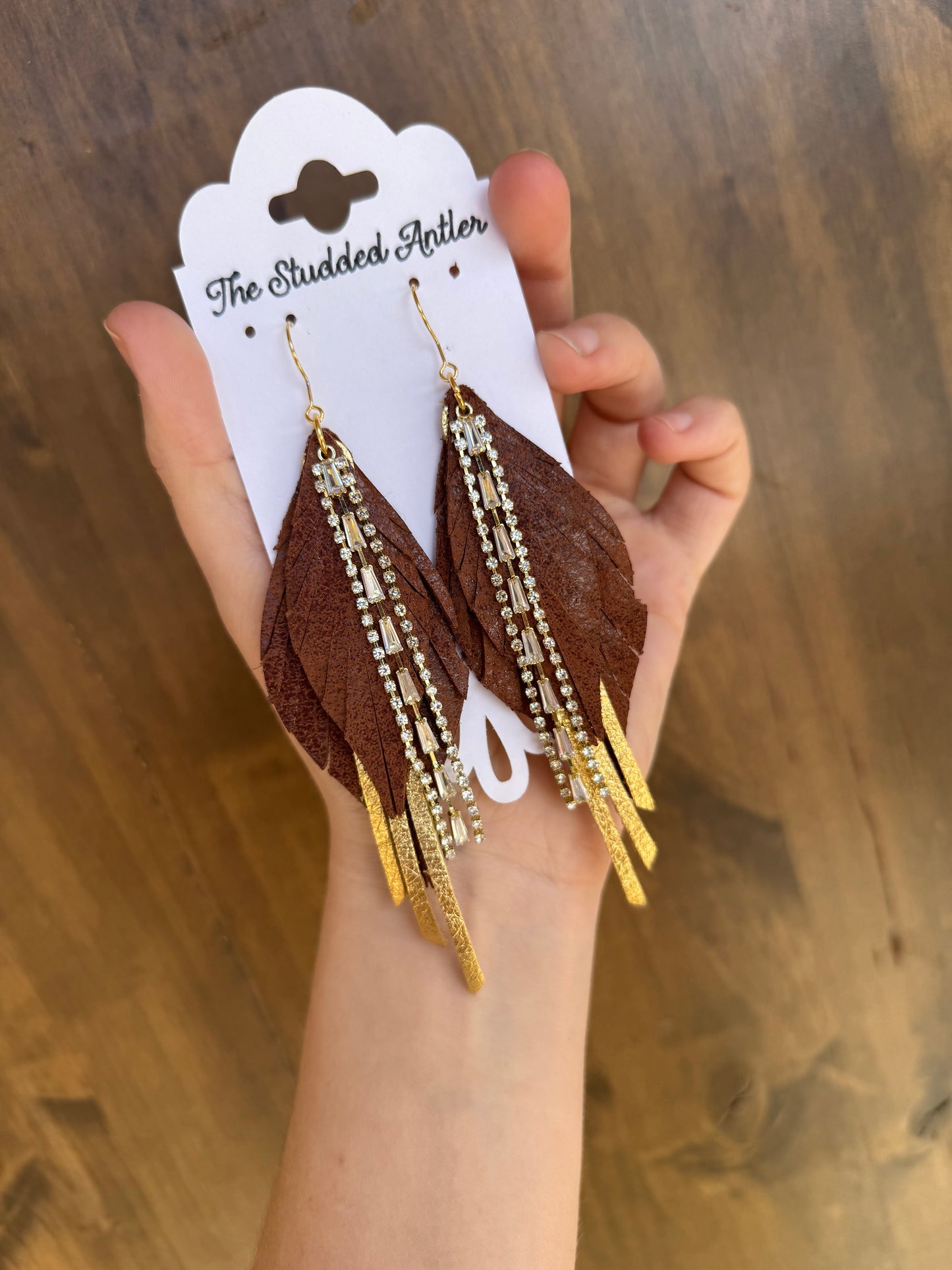 Fringe Feather Genuine Leather Earrings - Brown and Gold