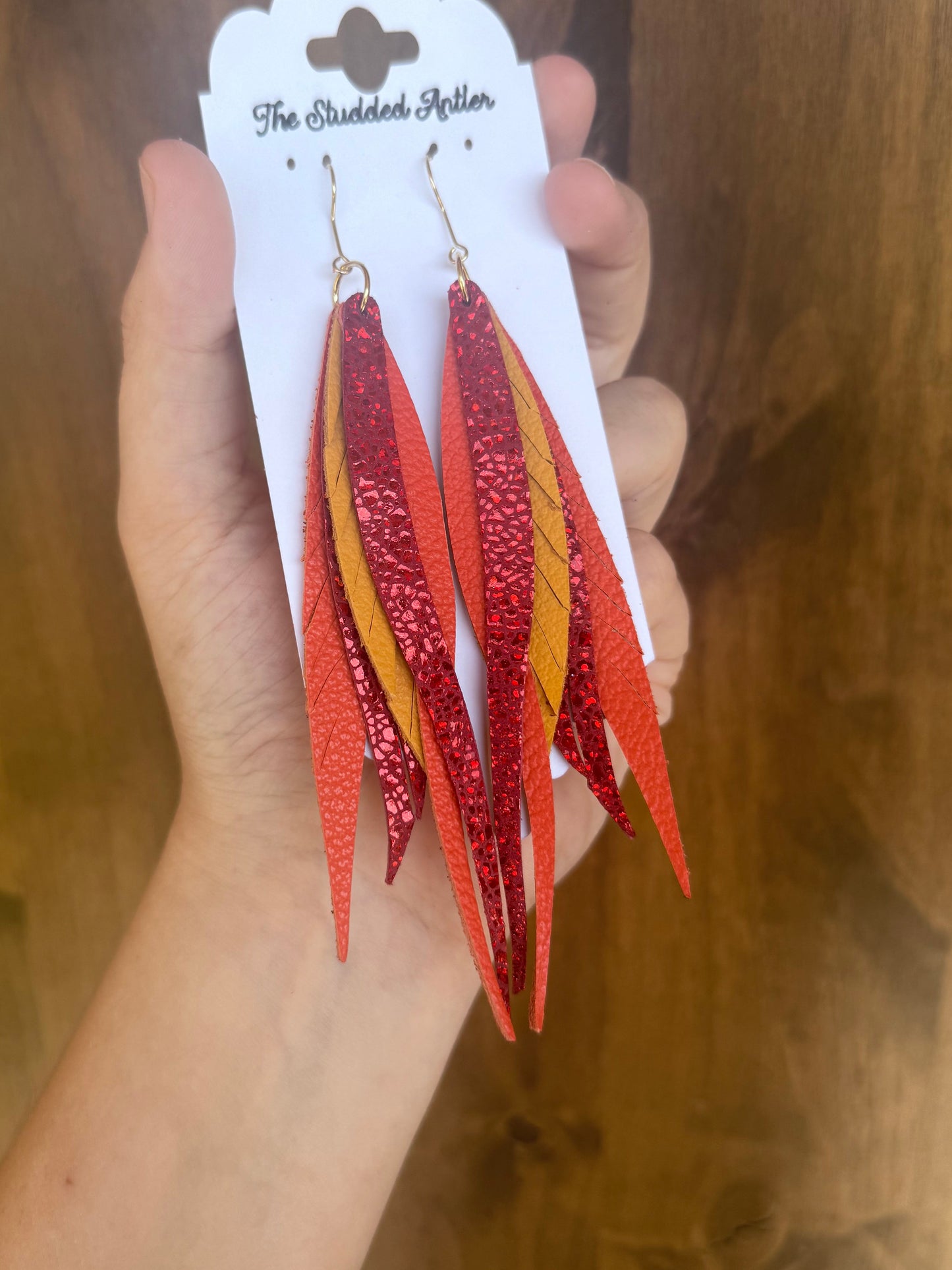 Handmade Hypoallergenic Red Holographic, Yellow and Orange  Leather Earrings