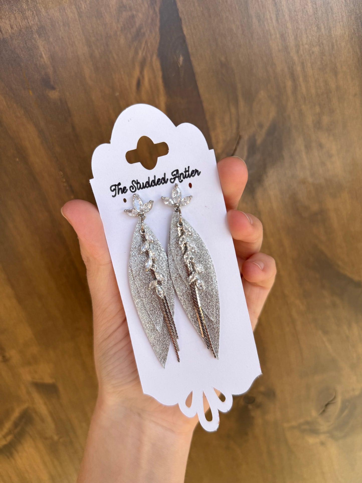 Teardrop Genuine Leather Earrings - Silver Sparkle