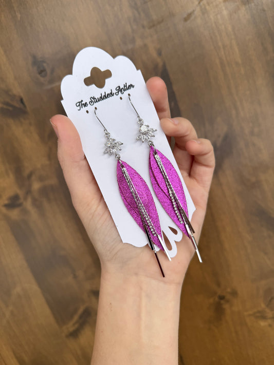 Magenta Sparkle Small Dangle Genuine Leather Earrings