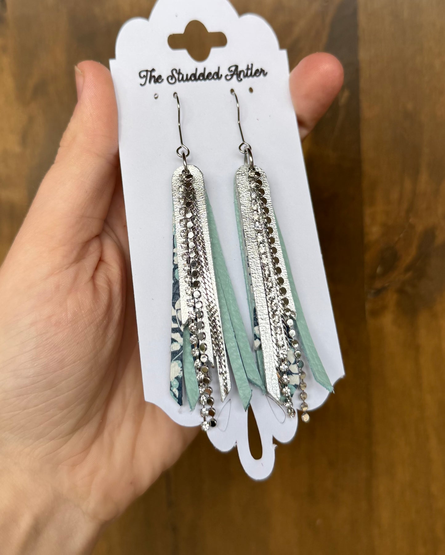 Blue Handmade Hypoallergenic Mini Leather Tassel Earrings with Silver Rhinestones