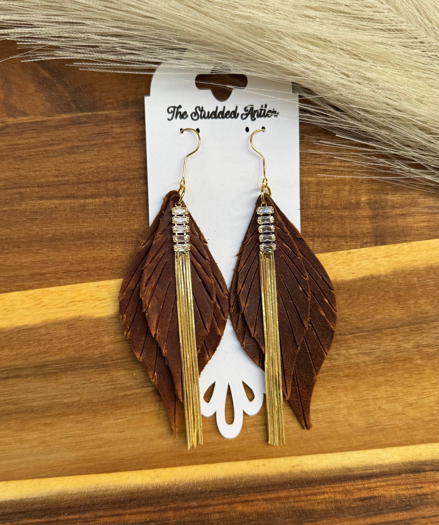 Dark brown leather earrings with gold - Handmade Hypoallergenic Leather Earrings with gold rhinestone tassel