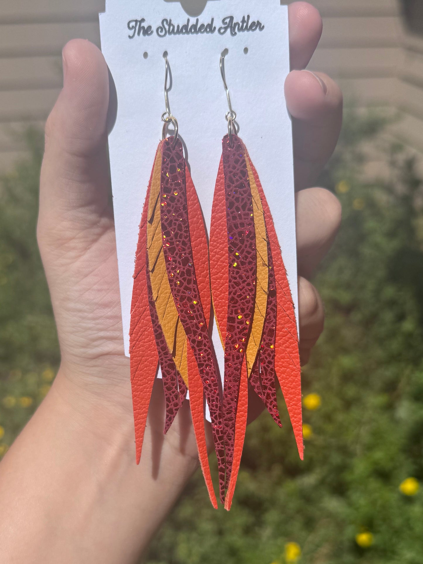 Handmade Hypoallergenic Red Holographic, Yellow and Orange  Leather Earrings