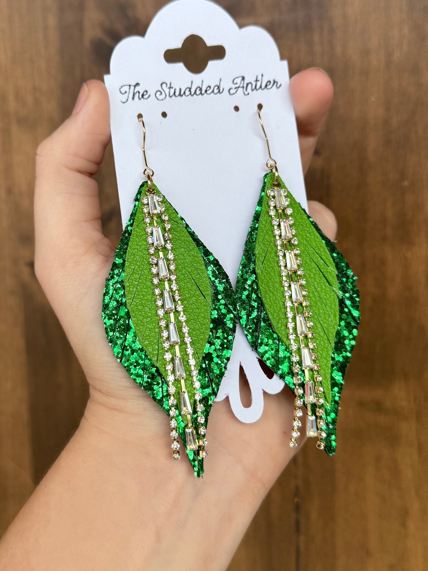 Green Glitter Handmade Hypoallergenic Leather Earrings with Gold Rhinestone Tassels