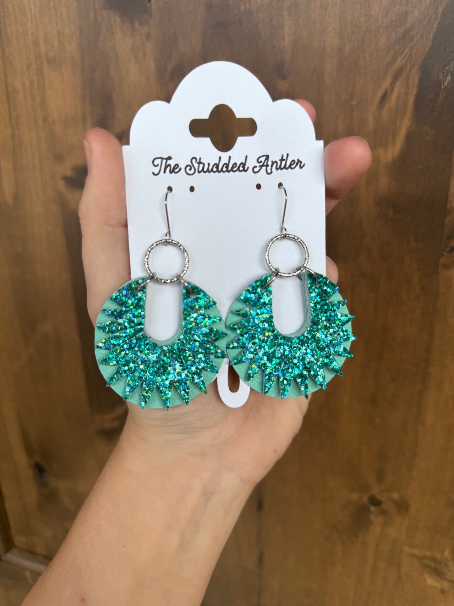 Aqua Blue Glitter Handmade Hypoallergenic Round Leather Earrings with Silver Circle Accents