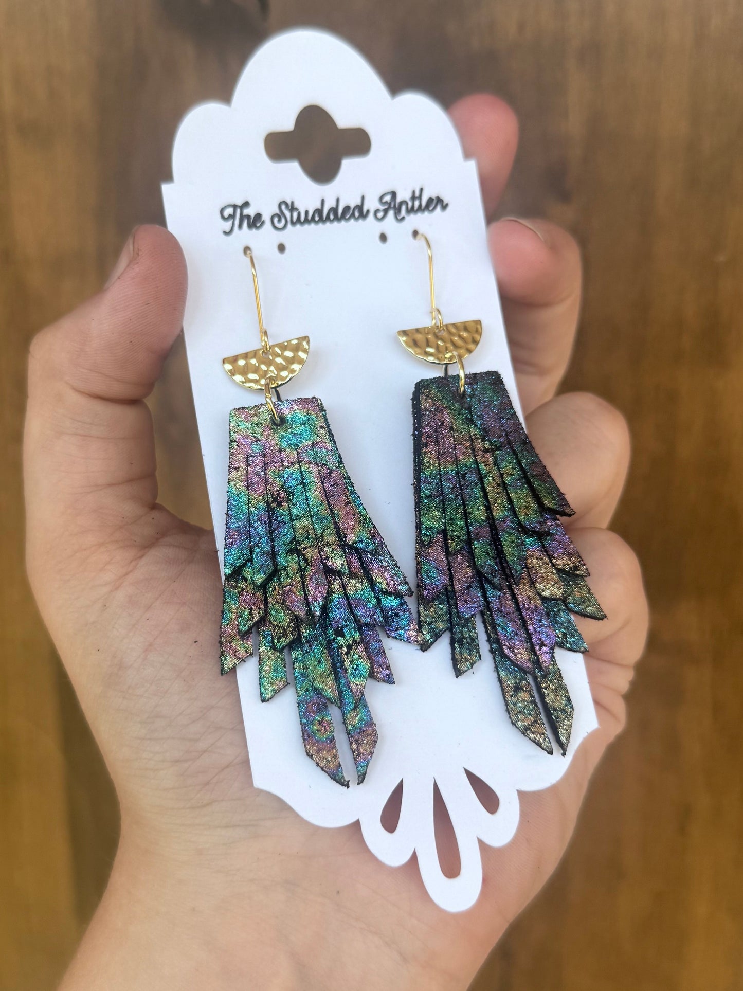 Handmade Hypoallergenic Oil Slick Leather Earrings with Hammered Gold Plated Accents