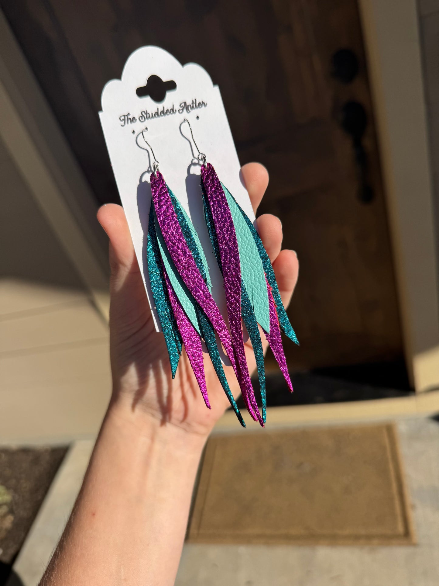 Dark teal shimmer, Hot pink and aqua blue Handmade Hypoallergenic Leather feather Earrings