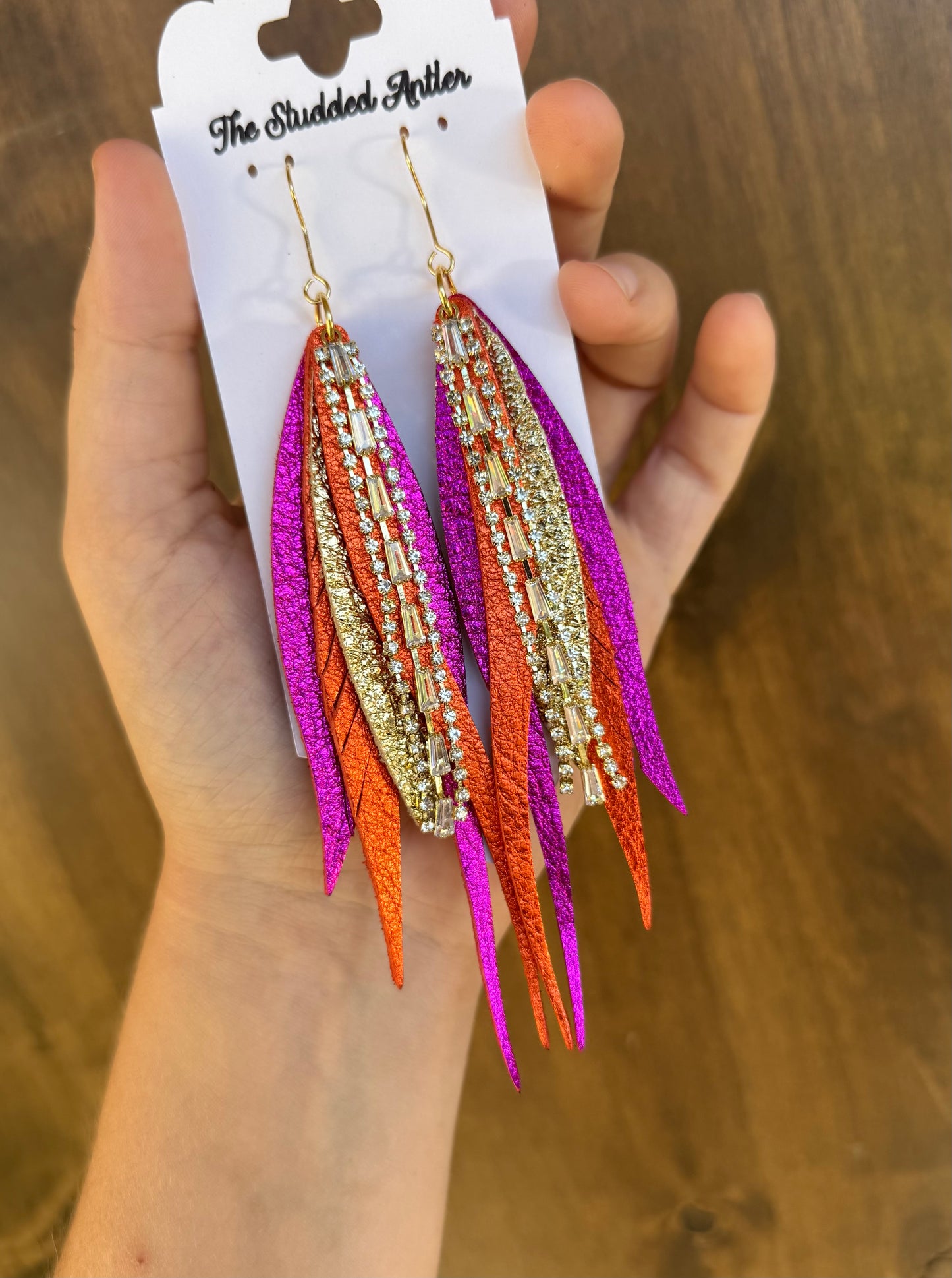 Hot pink Orange and Pink and Gold metallic Handmade Hypoallergenic Leather feather Earrings
