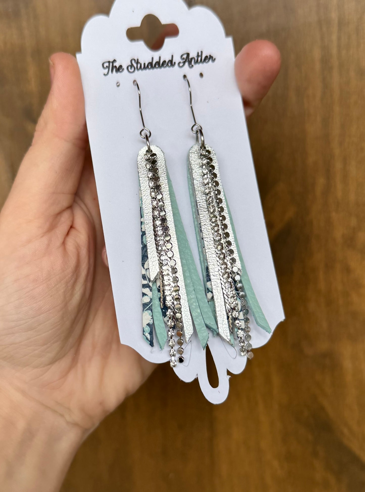 Blue Handmade Hypoallergenic Mini Leather Tassel Earrings with Silver Rhinestones
