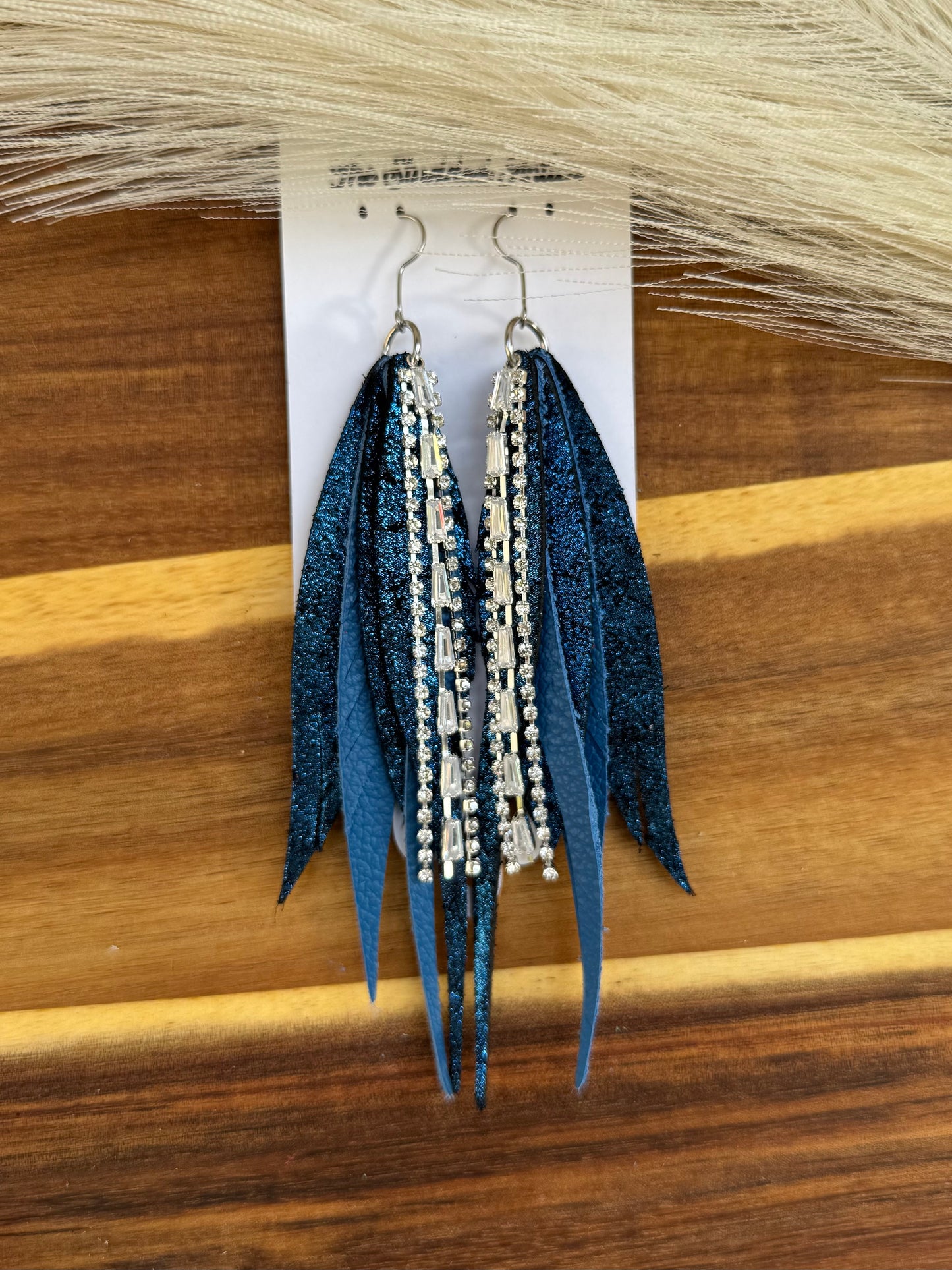 Navy blue shimmer Handmade Hypoallergenic Leather feather Earrings with rhinestone tassels