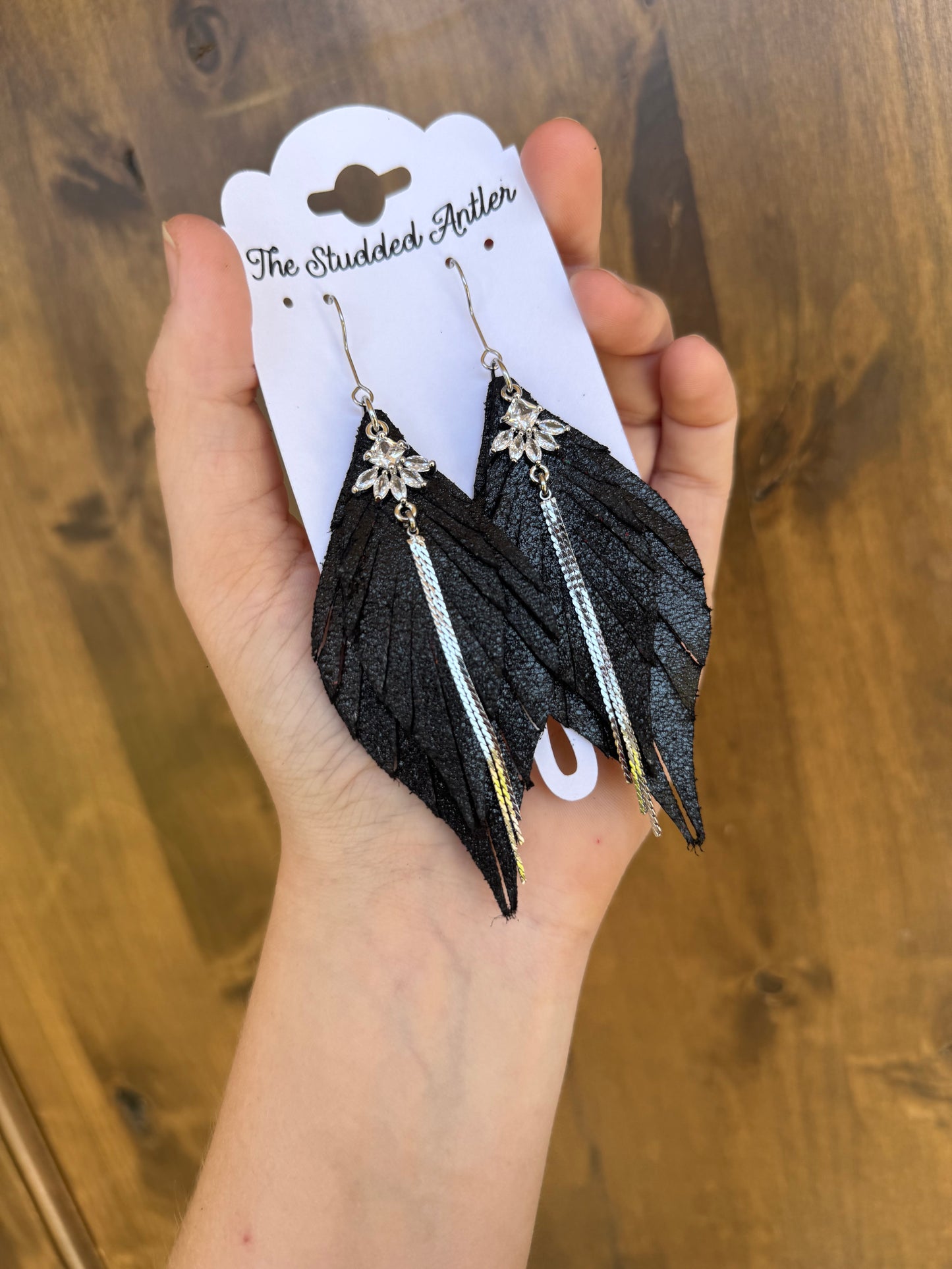 Western NFR Leather Earrings - Fringe feather leather earrings - Silver and black with Rhinestones