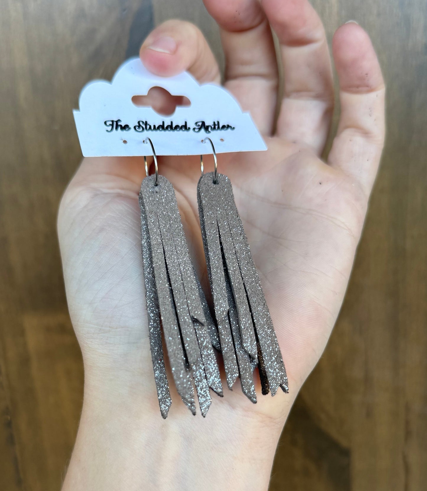Taupe Sparkle Handmade Hypoallergenic Leather Earrings - Mini Tassel Earrings