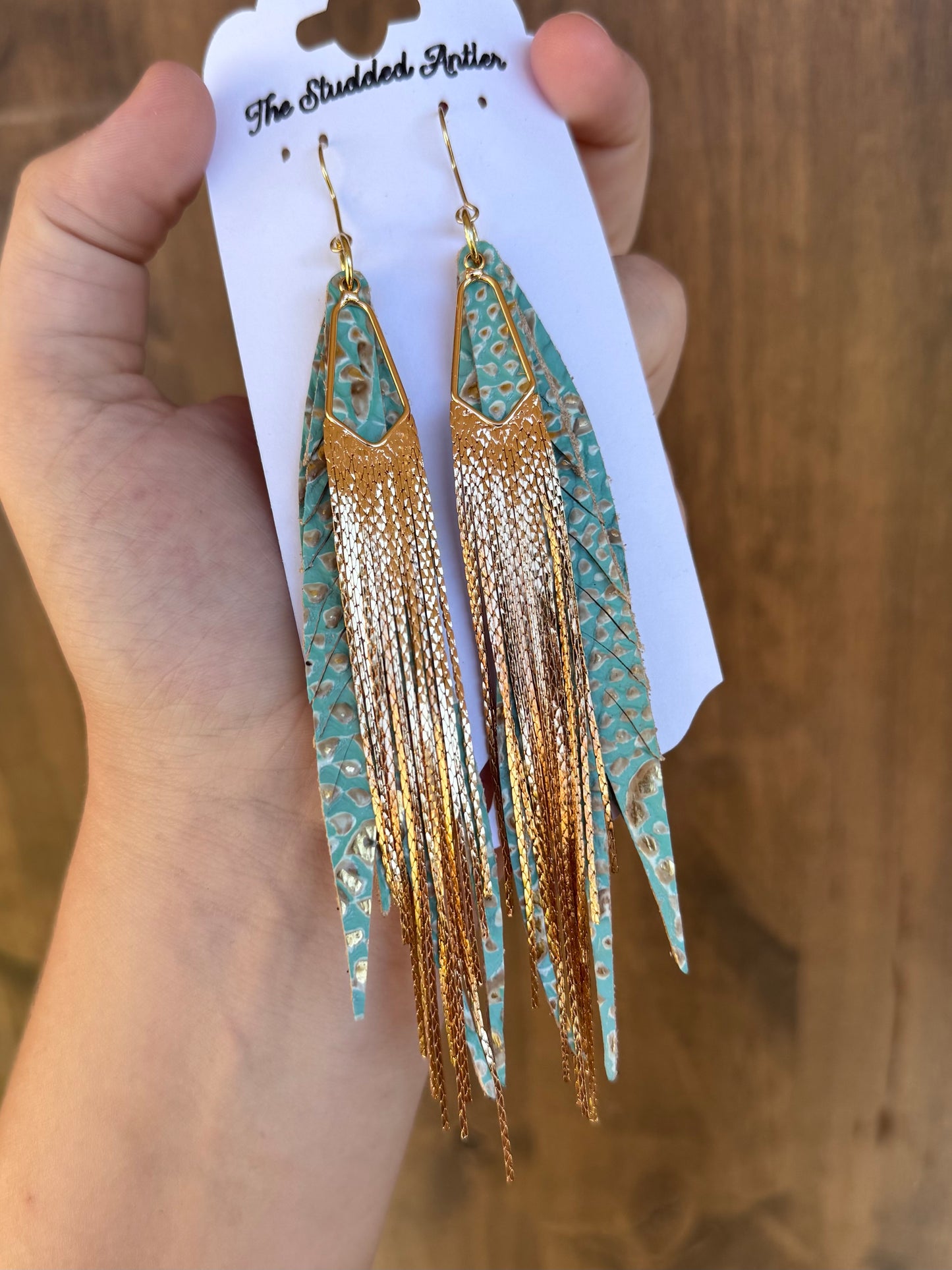 Handmade Hypoallergenic Mint Blue and Gold Embossed Leather Earrings with Gold Metal Tassels