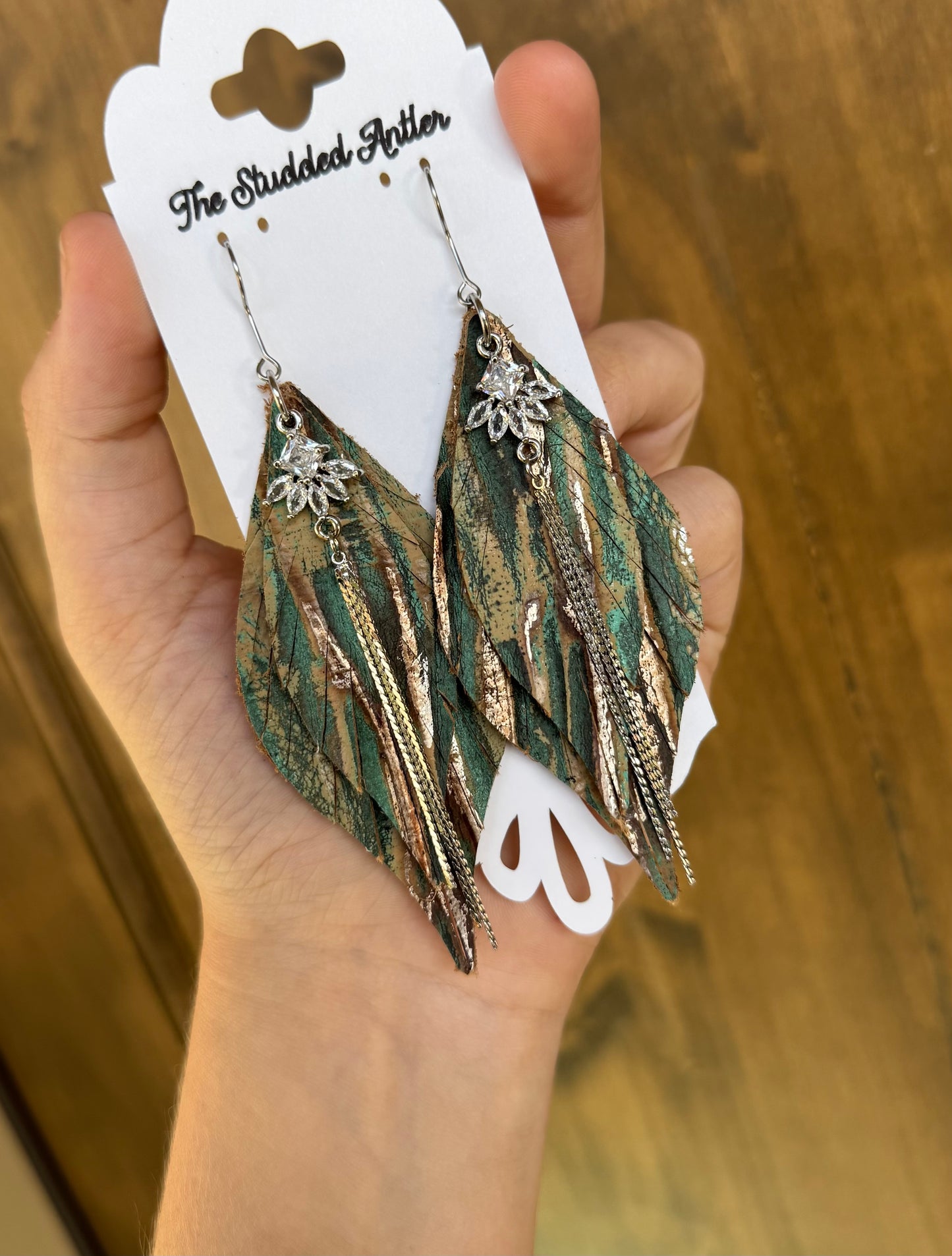 Dark teal, bronze and brown leather earrings - Handmade Hypoallergenic Leather Earrings with silver rhinestone tassel