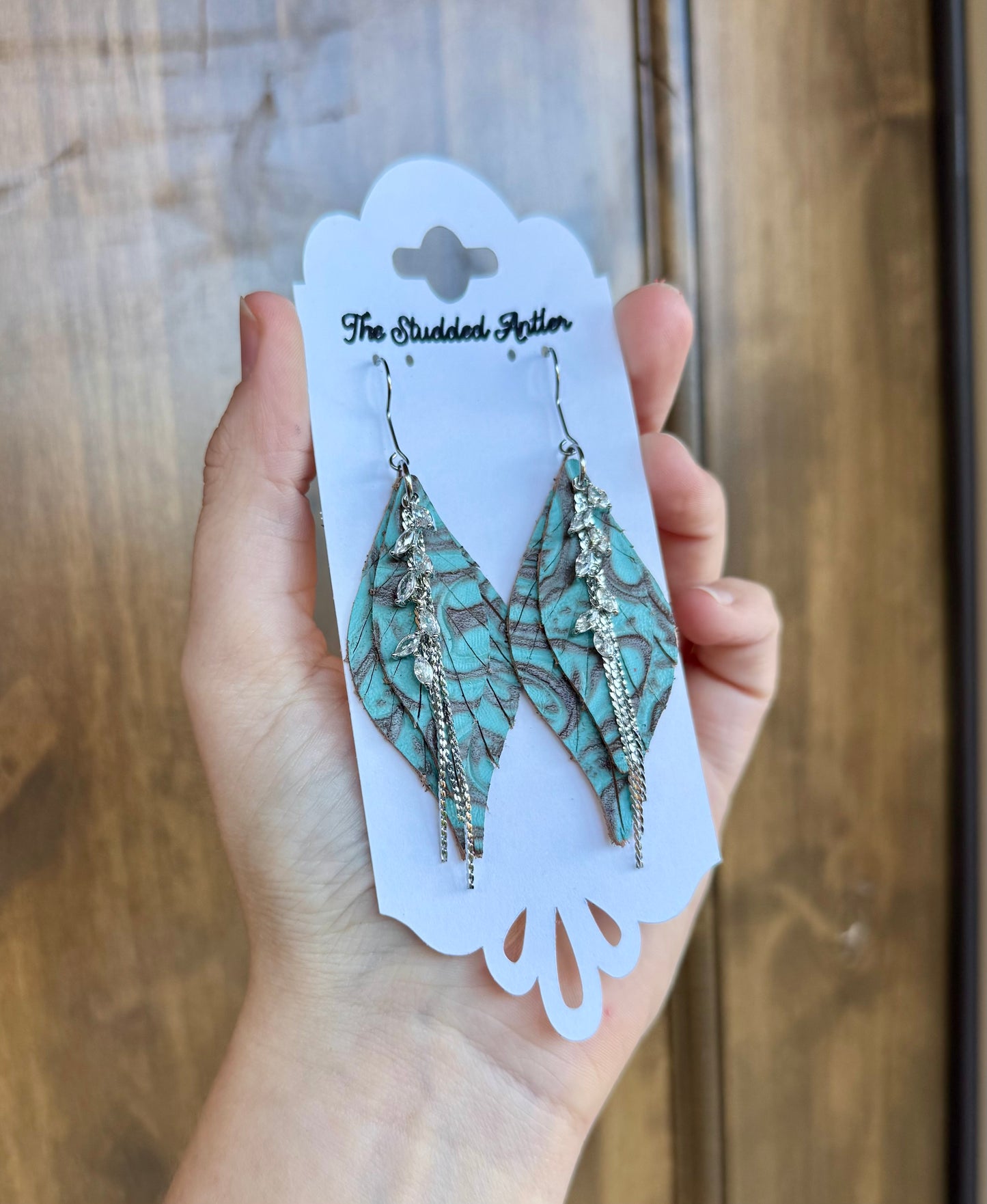 Blue and Brown Tooled leather with silver rhinestone and chain - Handmade Hypoallergenic Leather Earrings