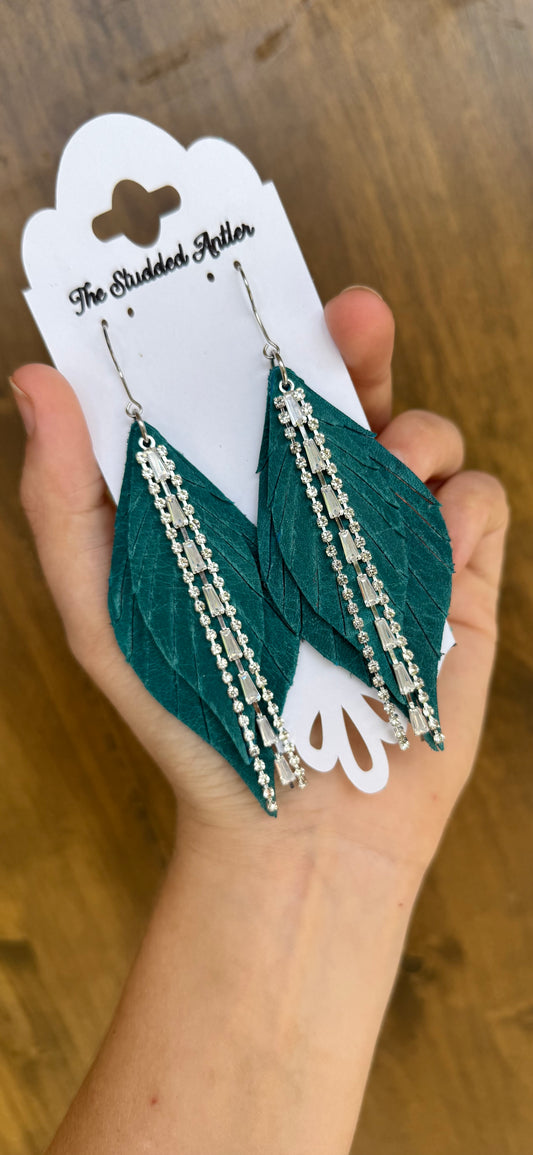Dark teal blue Handmade Hypoallergenic Fringe feather Leather Earrings with Rhinestone Tassel