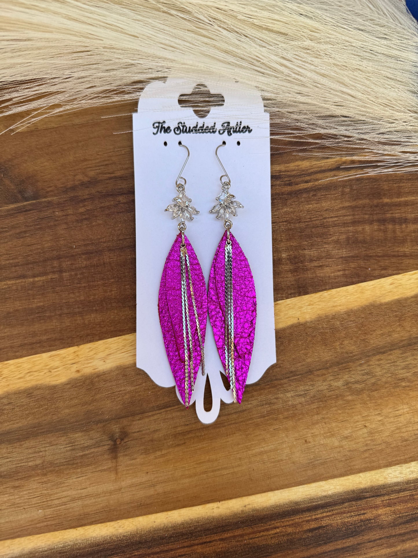 Hot Pink Metallic with rhinestone silver bars Handmade Hypoallergenic Leather Earrings