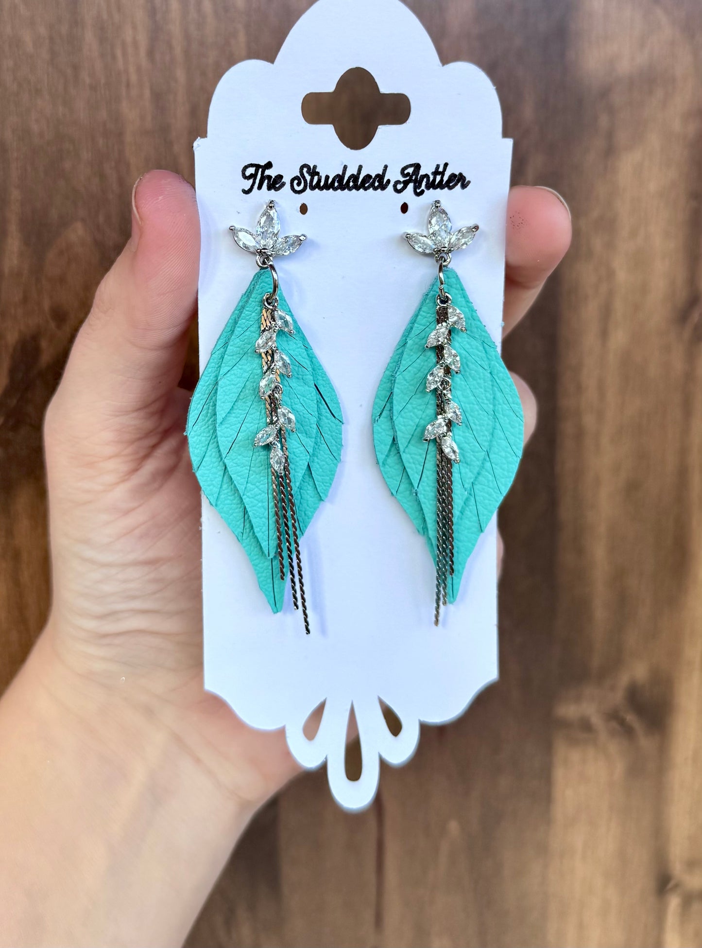 Aqua Blue Handmade Hypoallergenic Leather Earrings with Silver Rhinestone Tassels and Rhinestone Studs