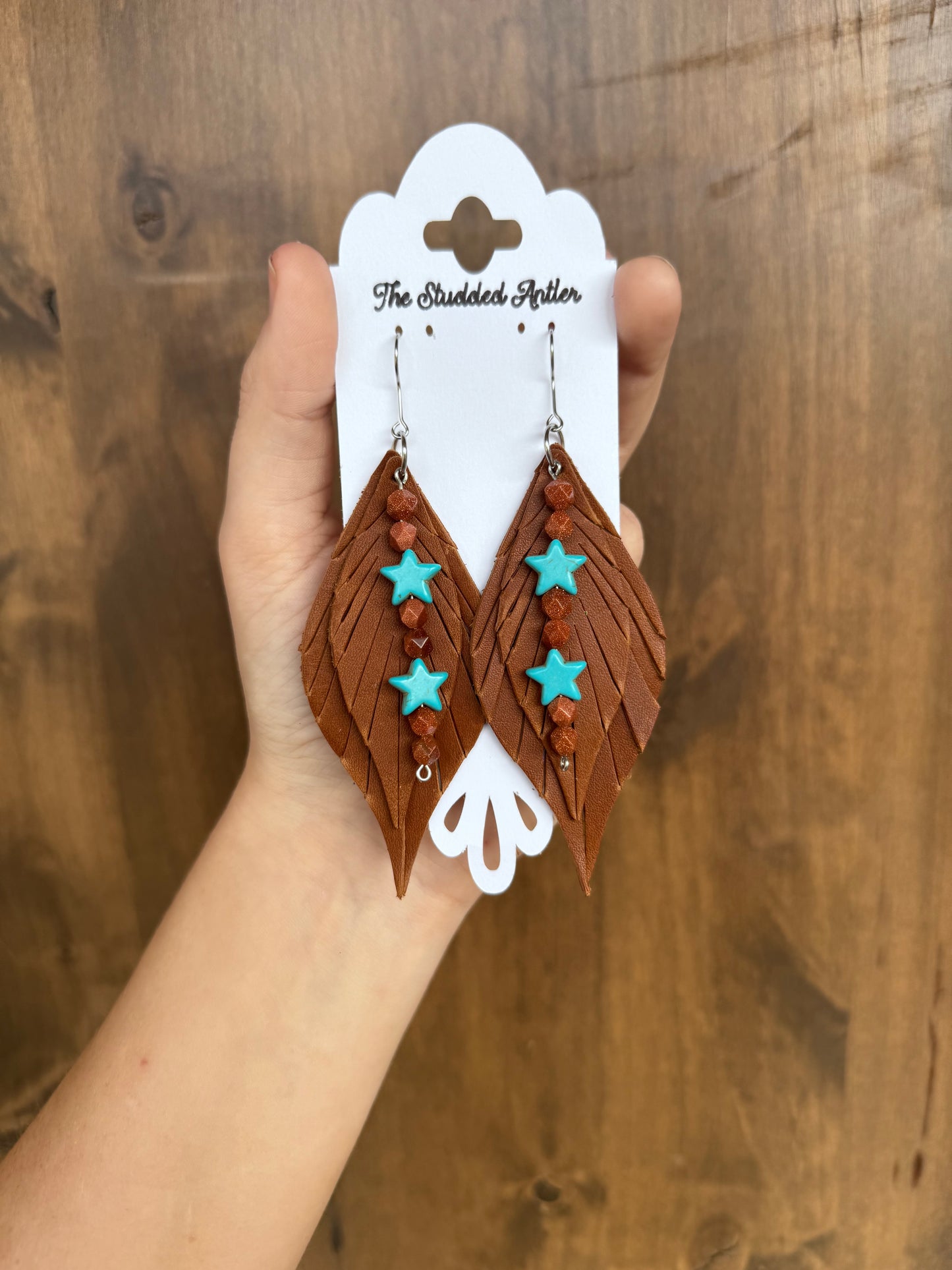 Brown Handmade Hypoallergenic Leather Earrings with Hand Beaded Faux Turquoise Star Accents