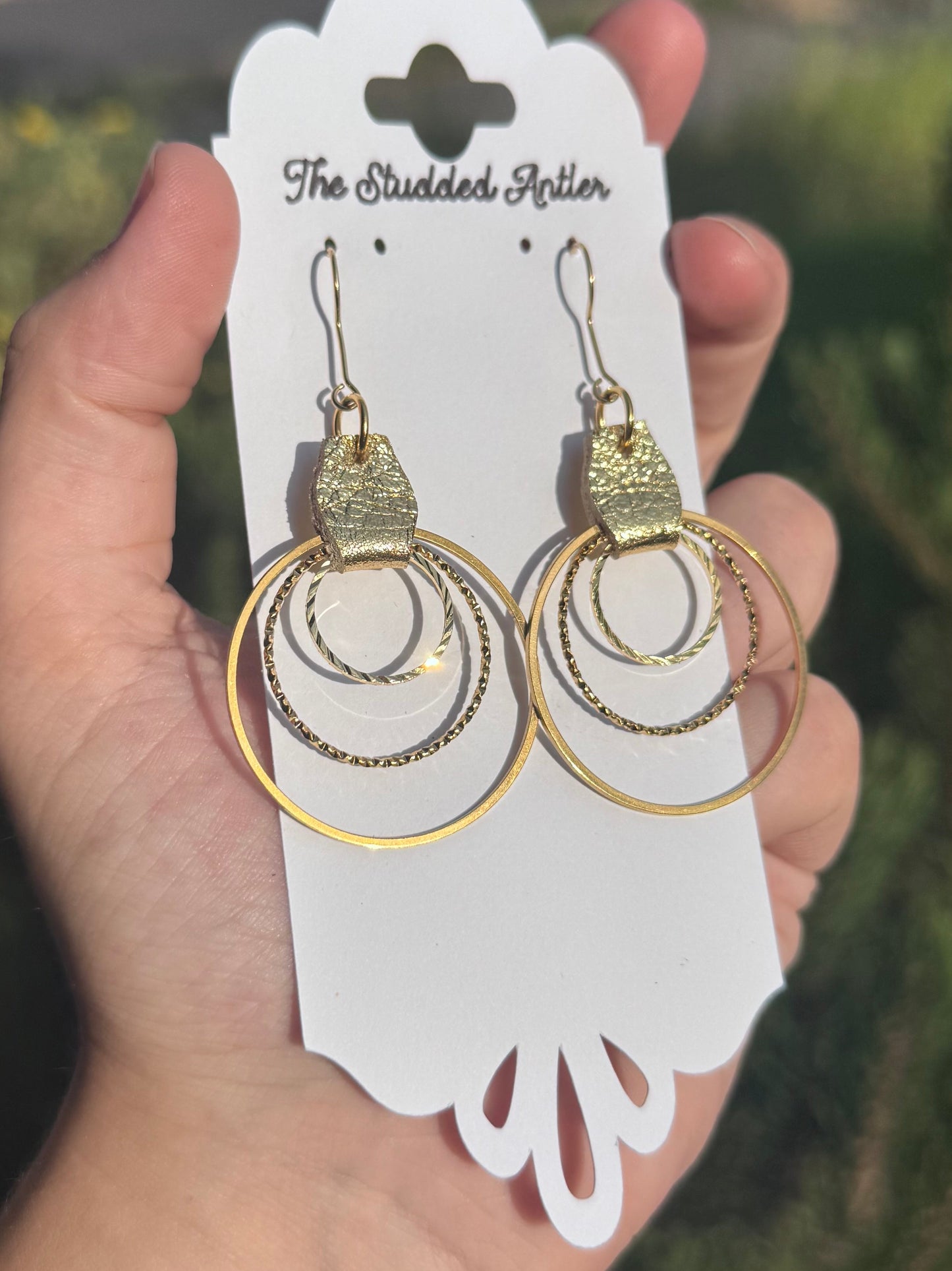 Hypoallergenic Leather Earrings Gold Metallic with 3 Gold Metal Hoops