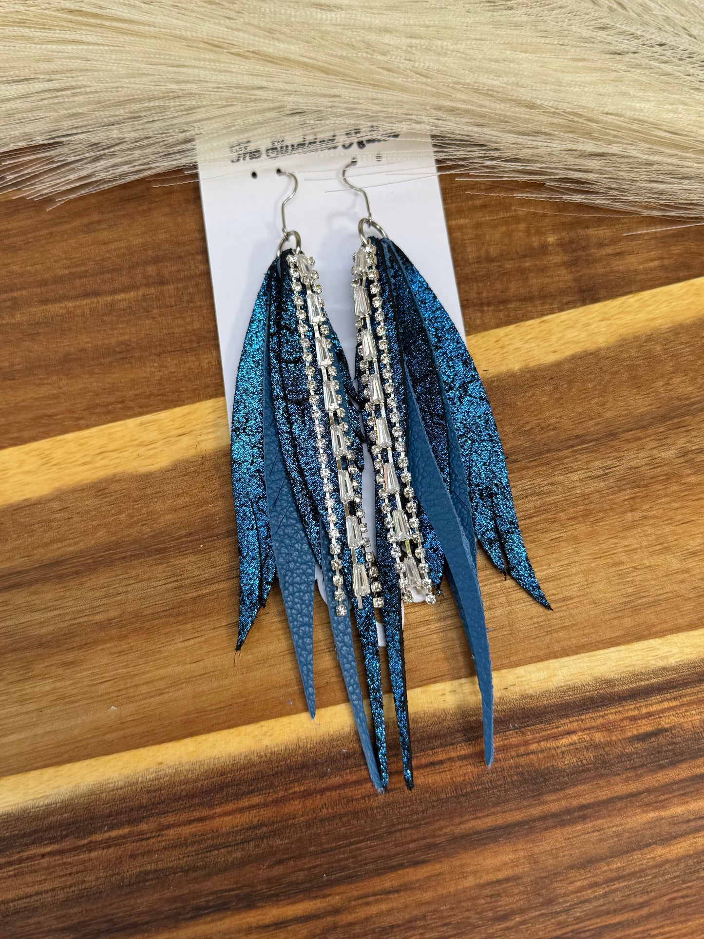Navy blue shimmer Handmade Hypoallergenic Leather feather Earrings with rhinestone tassels