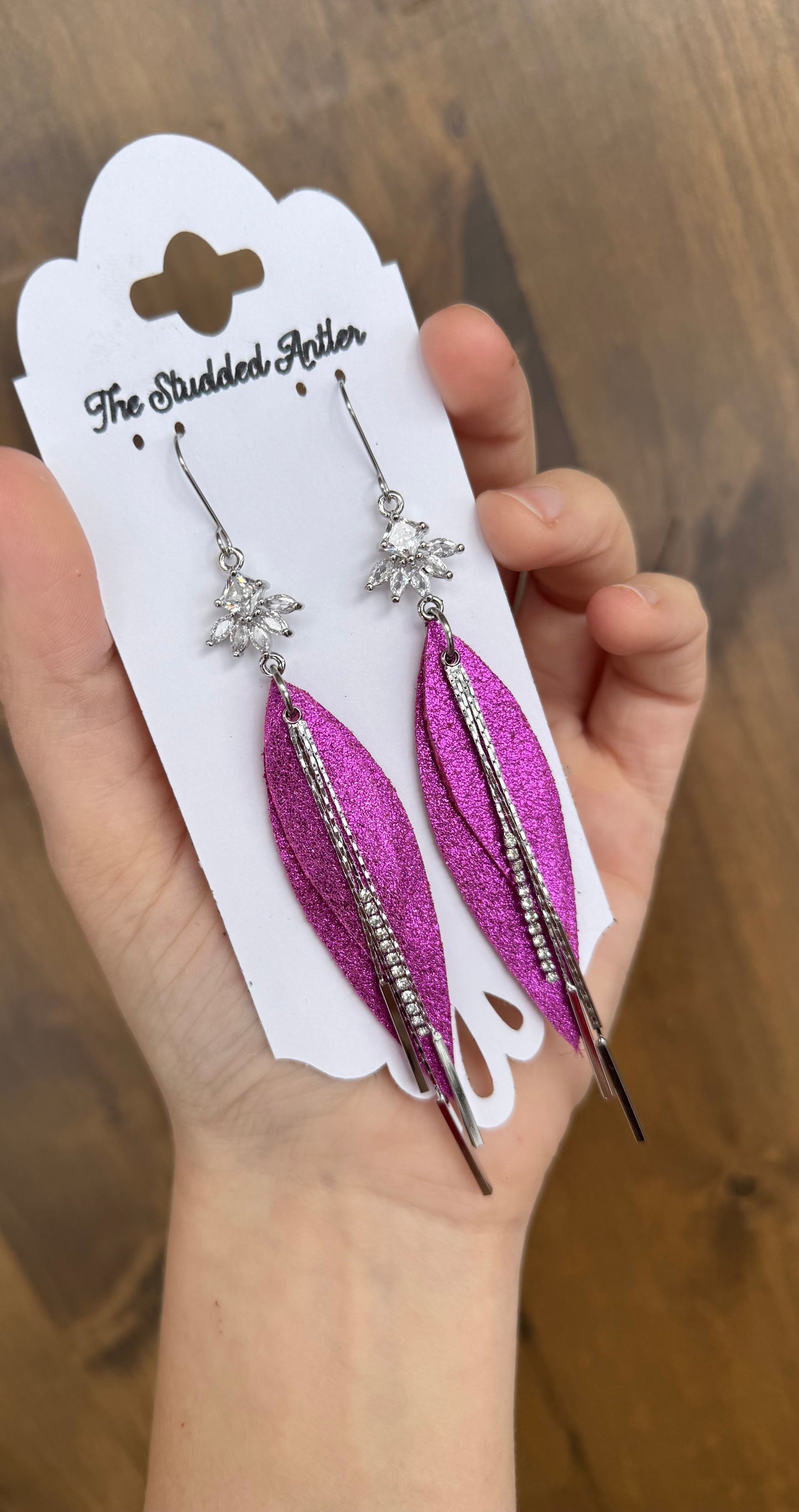 Magenta Sparkle Small Dangle Genuine Leather Earrings