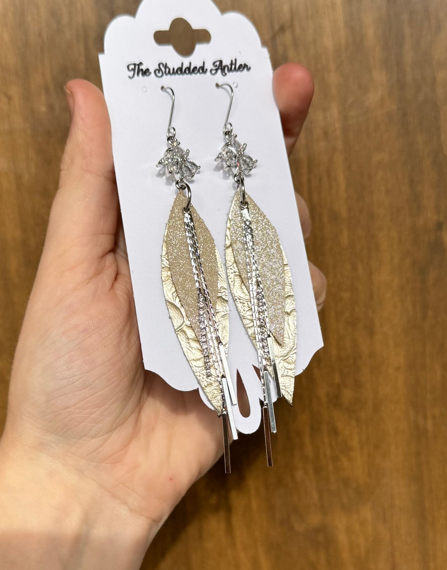 Champagne Sparkle Handmade Hypoallergenic Leather Earrings with Silver Bar Dangles