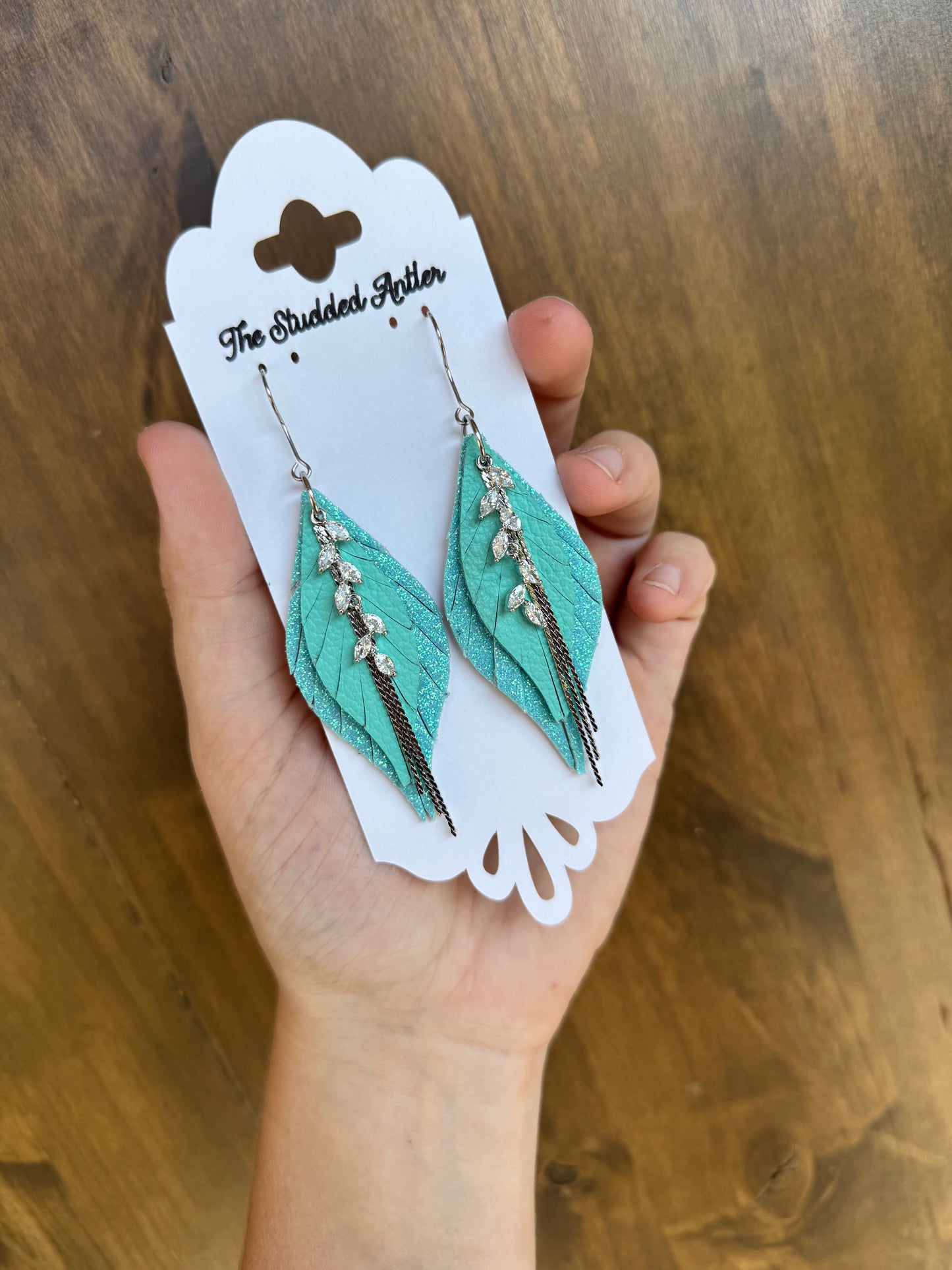 Aqua Blue Glitter leather with silver rhinestone and chain - Handmade Hypoallergenic Leather Earrings - Mini teardrop