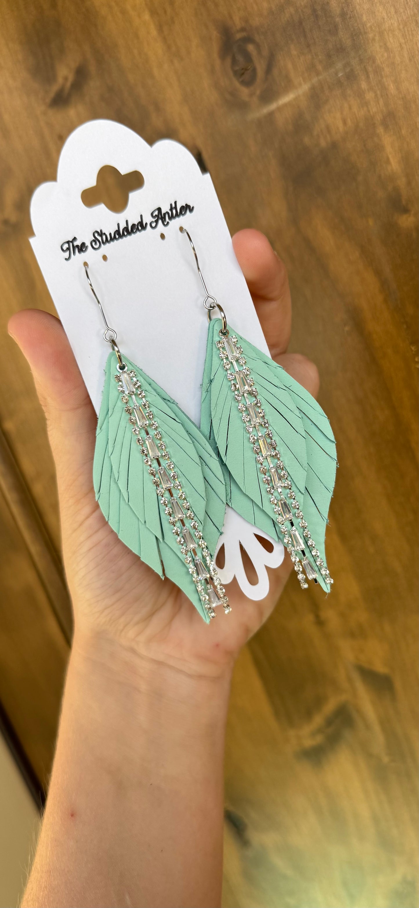 Mint blue leather earrings - Handmade Hypoallergenic Leather Earrings with silver rhinestone tassel